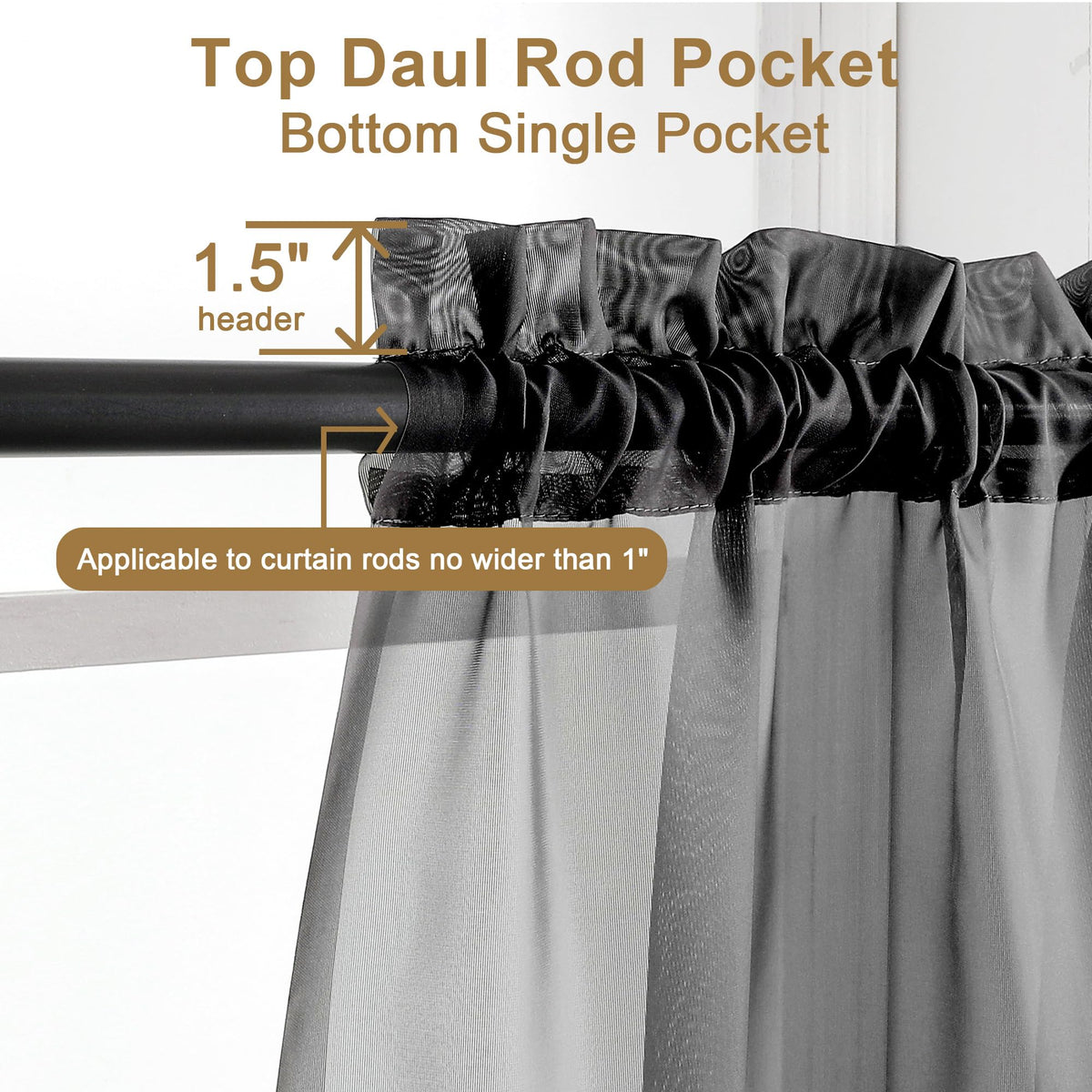 Sheer Black Curtains 90 inches Long 2 Panels (2 Count)