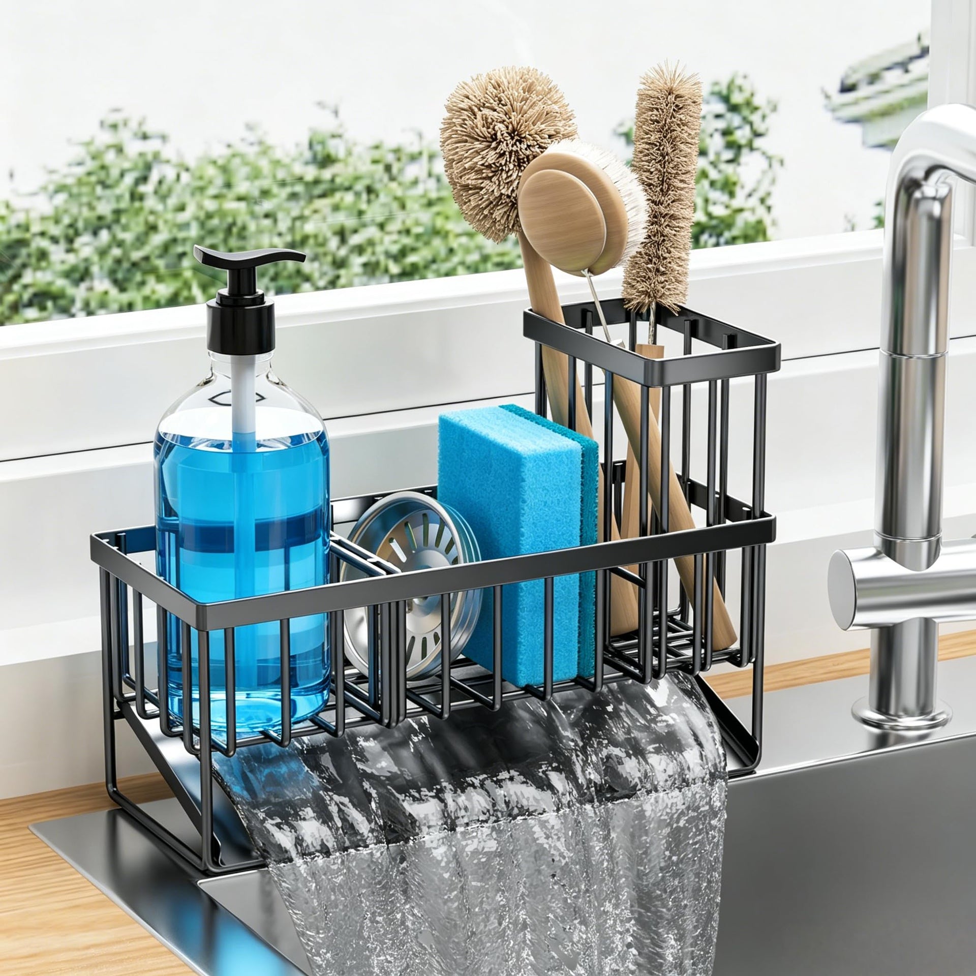 Sink Caddy Sponge Holder for Kitchen with Brush Holder and Stainless Steel Self Drain Tray