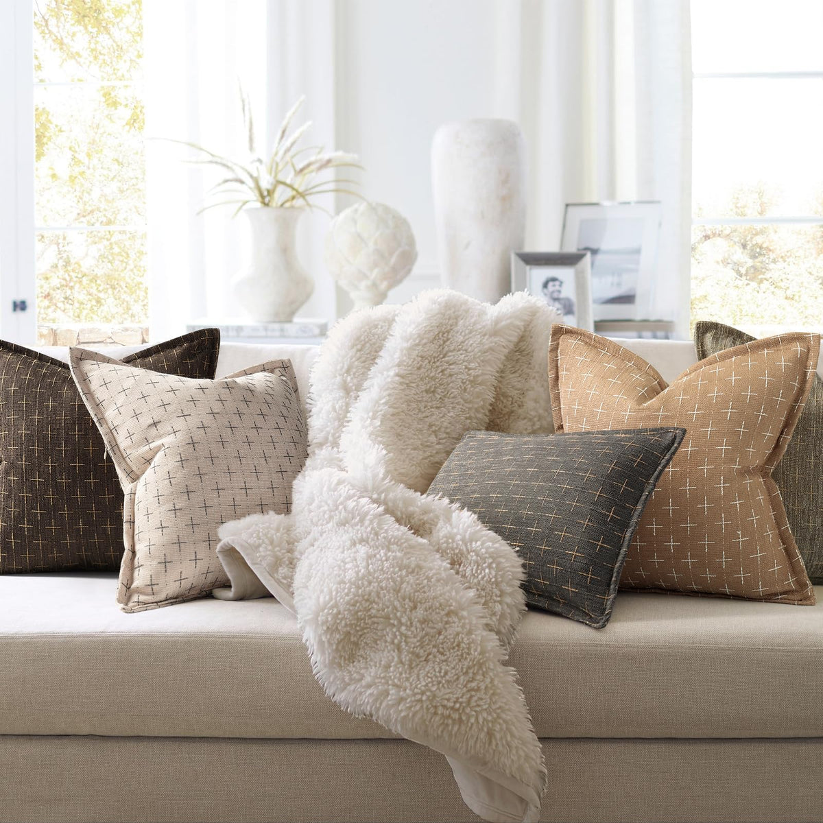 Throw Pillow Pillow Covers 22x22 Set of 2 Soft Polyester Textured Pillow Covers with Stylish Flange Edge Cozy Farmhouse Throw Pillows for Couch Bed Sofa Living Room Camel (2 Count)