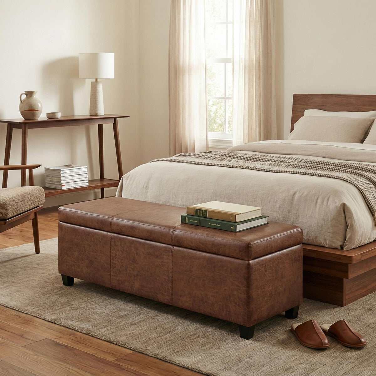 Avalon 48" Wide Vegan Leather Storage Ottoman in Saddle Brown