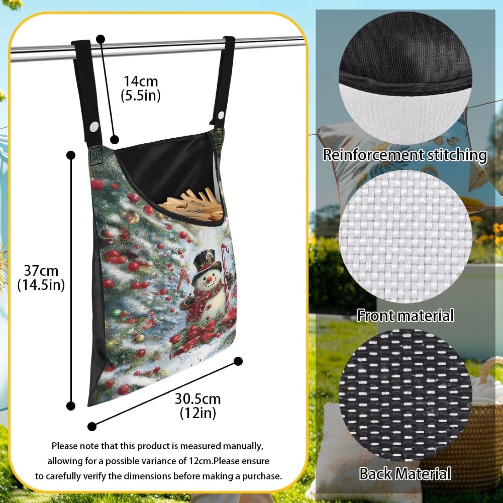 Snowman Clothespin Bag Christmas 2025 Hanging Storage Organizer Clothes Pin Bag Waterproof Laundry Clothespin Bag Clothespin Holder with Hanger Hook for Easy Hang and Large Opening