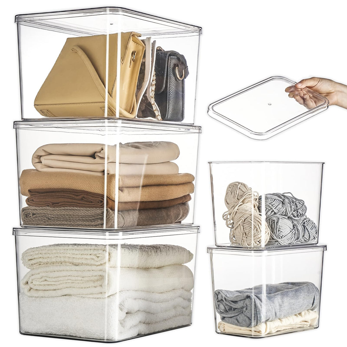 Lidded Plastic Storage Bins Set Clear Desk Basket Box Organizer Kitchen Container Clothes Laundry Closet Cabinet Shelf (5 Count)