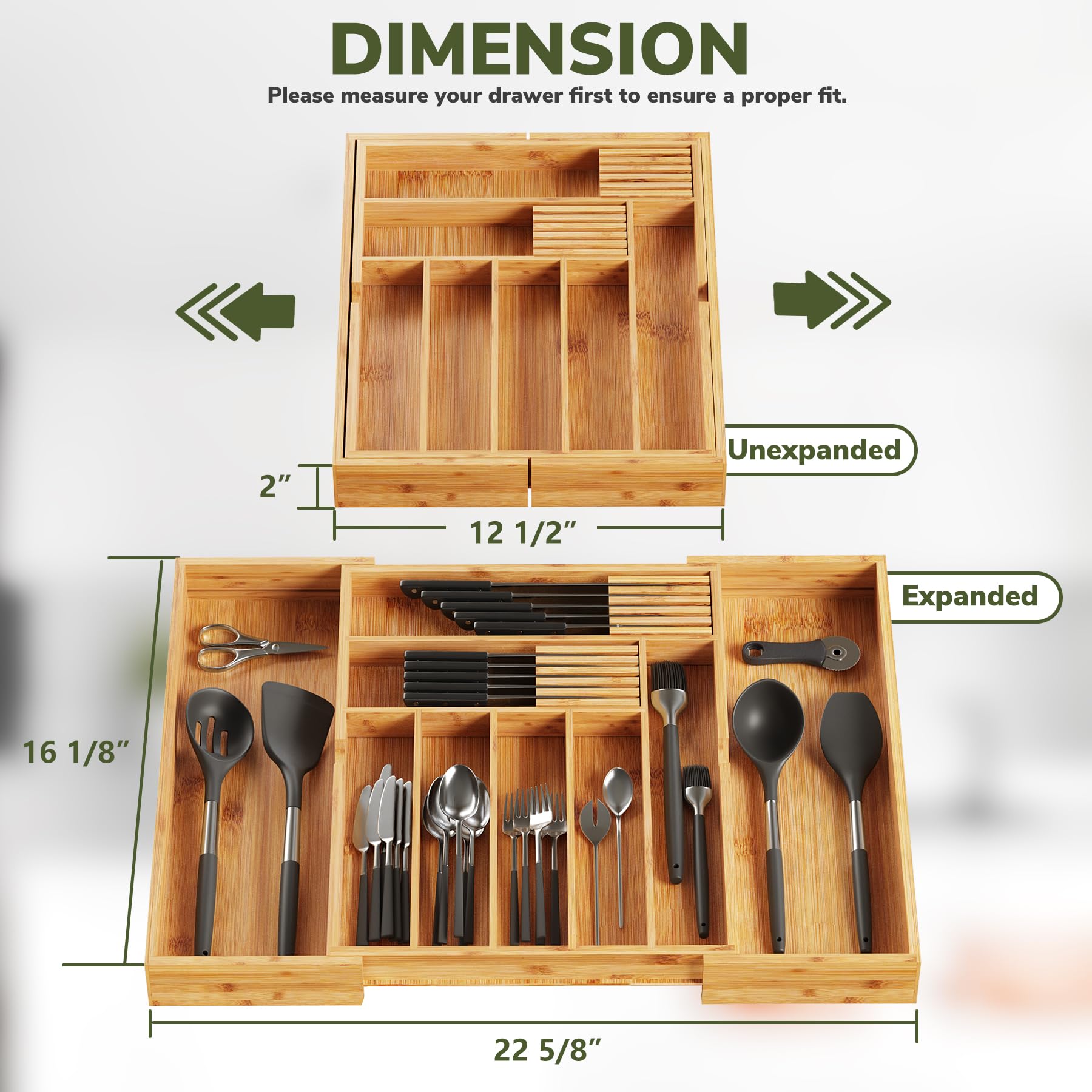 Bamboo Drawer Organizer Expandable Kitchen Silverware Organizer with 7