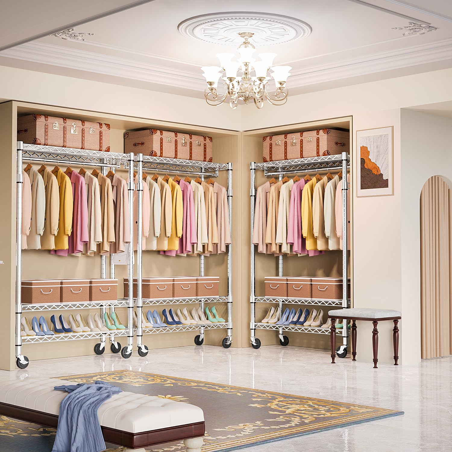 Heavy Duty Rolling Garment Rack 3 Tiers Adjustable Wire Shelving Clothes Rack with Rods and Side Hooks
