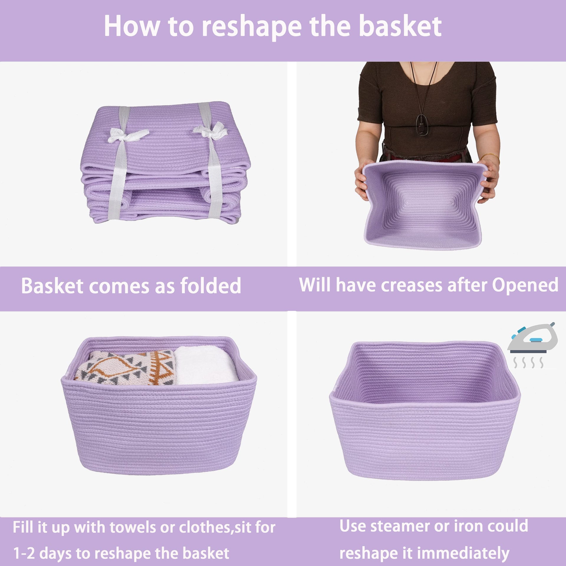 Woven Cotton Rope Storage Baskets 15x10x9.3" 3 Pack Purple Lavender