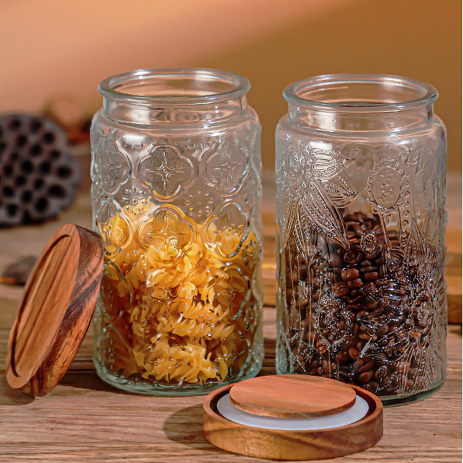 34 OZ 2 PCS Glass Storage Jar with Airtight Bamboo Wooden Lids