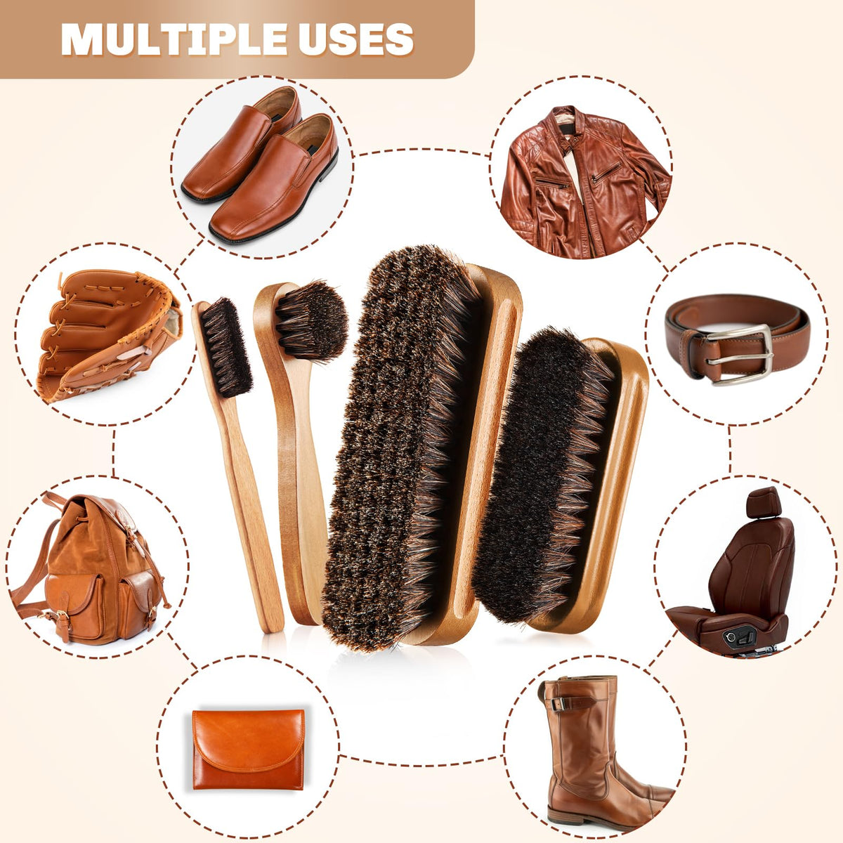 4 Pcs Horsehair Shine Shoes Brush Kit Polish Dauber Applicators Cleaning Leather Shoes Boots Care Brushes Suede Cleaner Brush with Microfiber Shoe Cloth (2.75 Count)