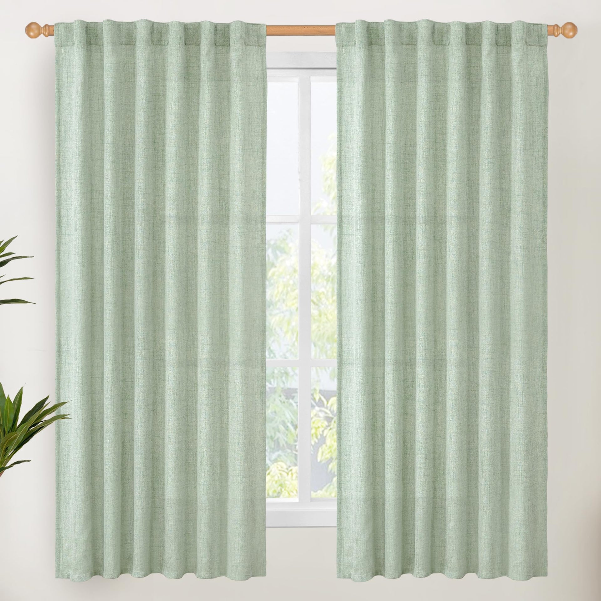 Sage Green Linen Curtains 63 Inch Length for Living Room Windows (2 Count)