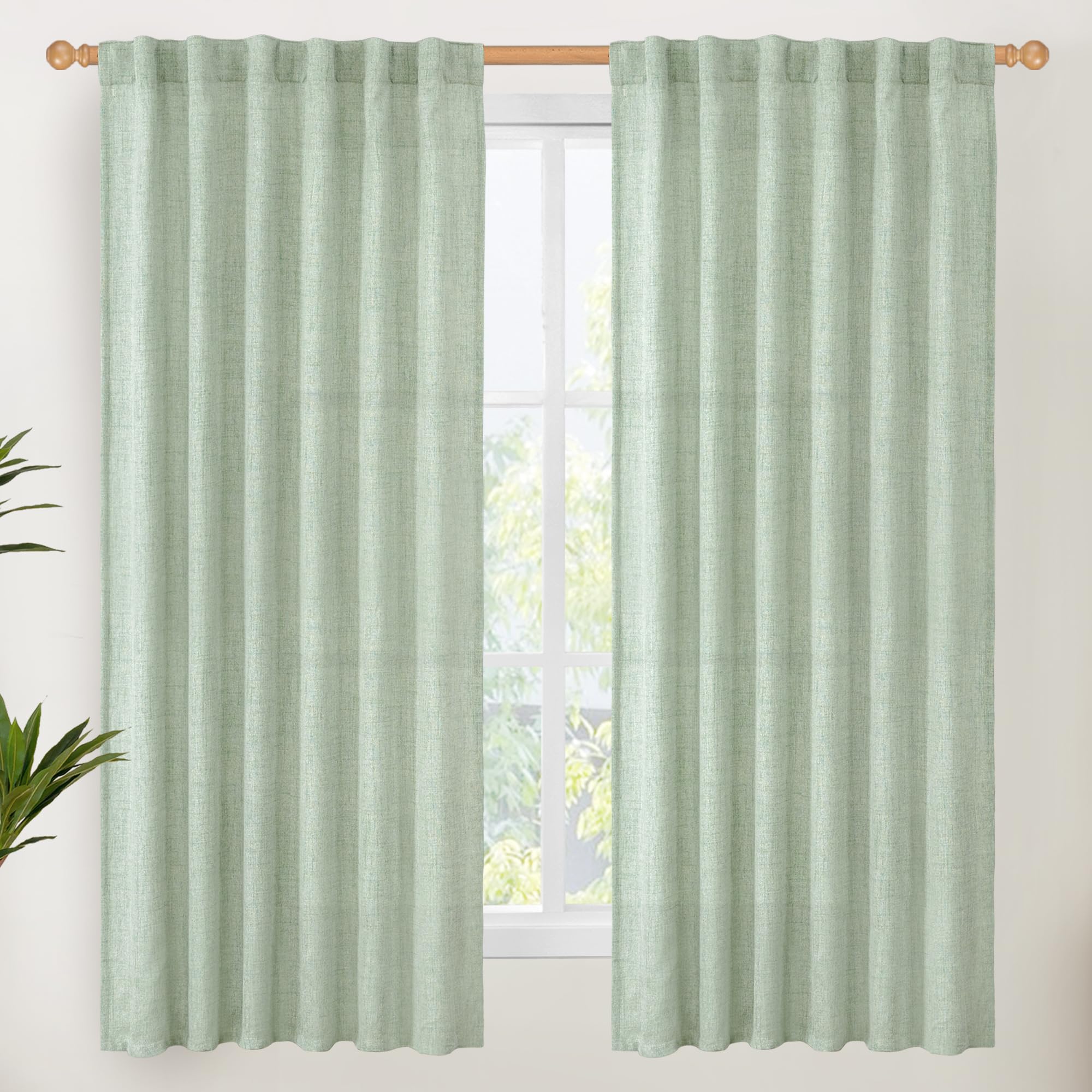 Sage Green Linen Curtains 63 Inch Length for Living Room Windows (2 Count)