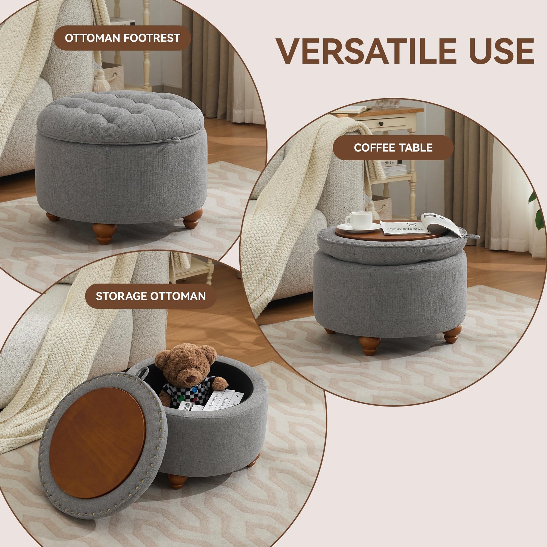 24Inch Round Storage Ottoman with Tray
