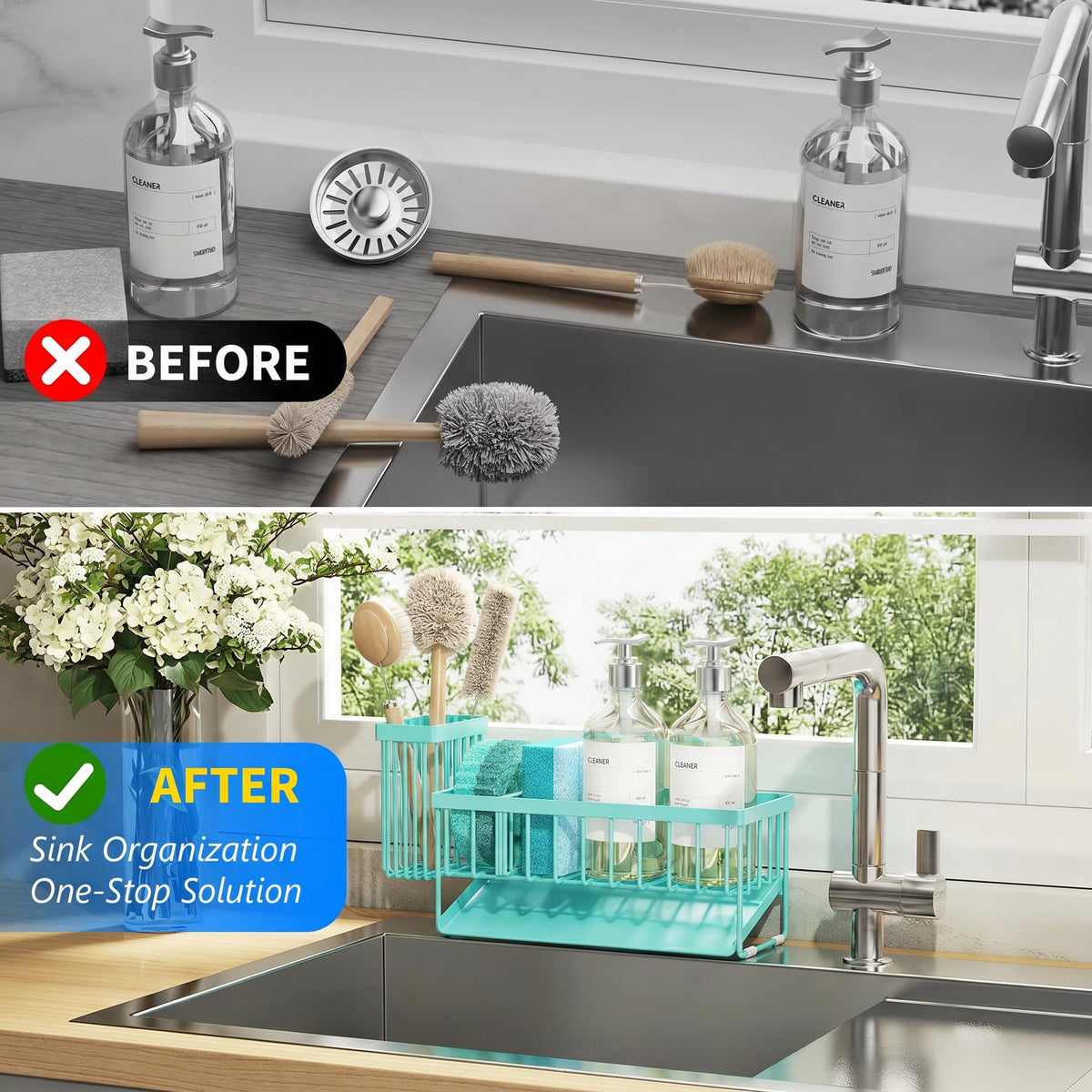 Kitchen Sink Caddy Organzier with High Brush Holder