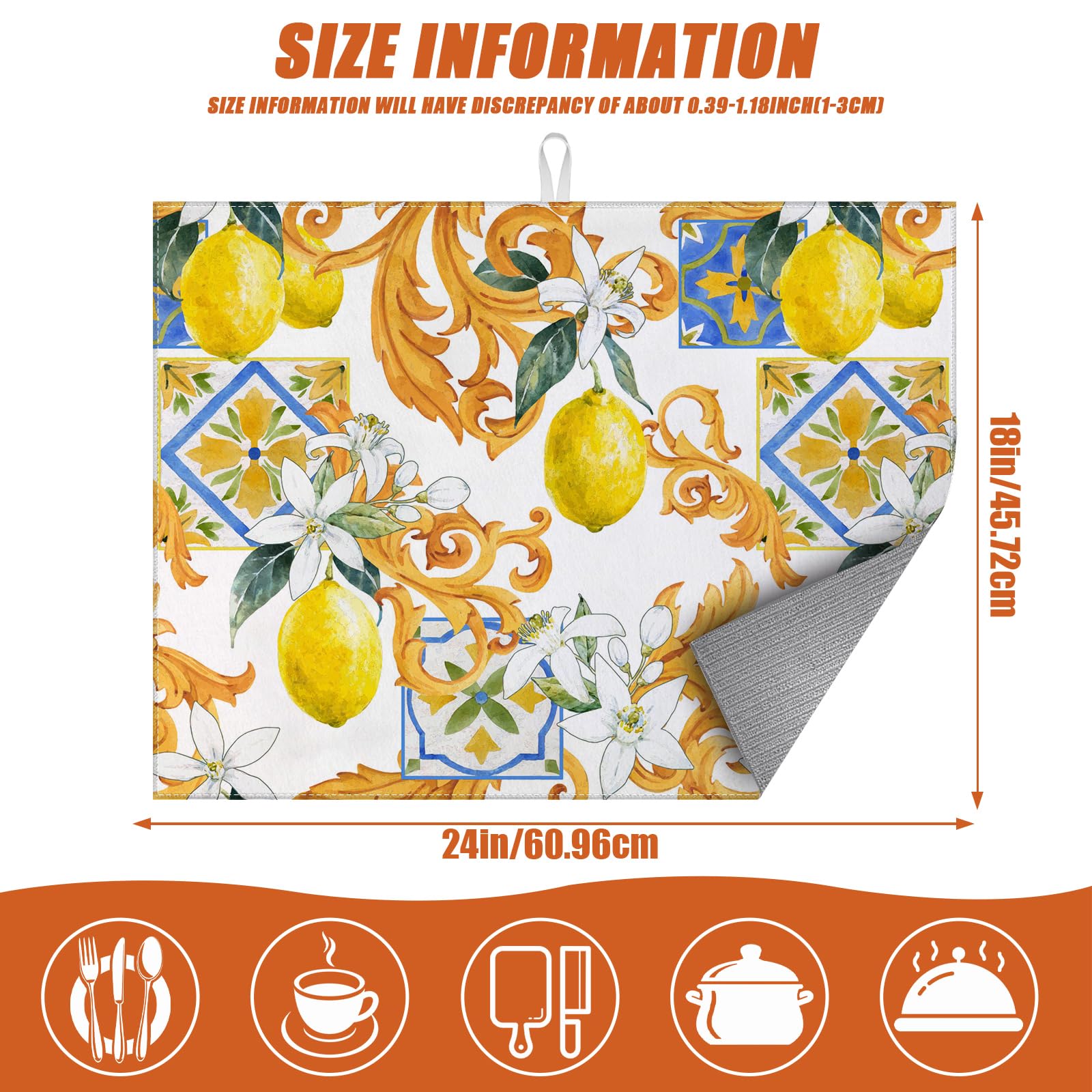 Watercolor Lemon Dish Drying Mat for Kitchen Counter Microfiber Absorbent Dish Kitchen Drying Mat Draining Reusable Washable for Dishes