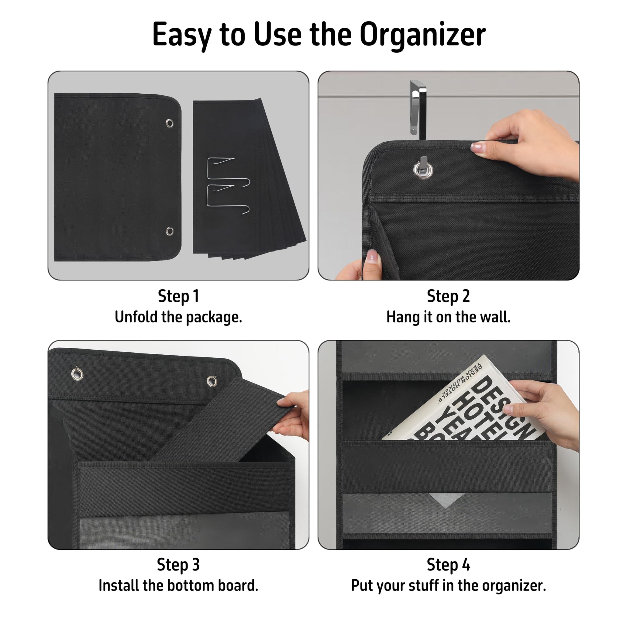 Black Over Door Organizer with 4 Large Clear Pockets