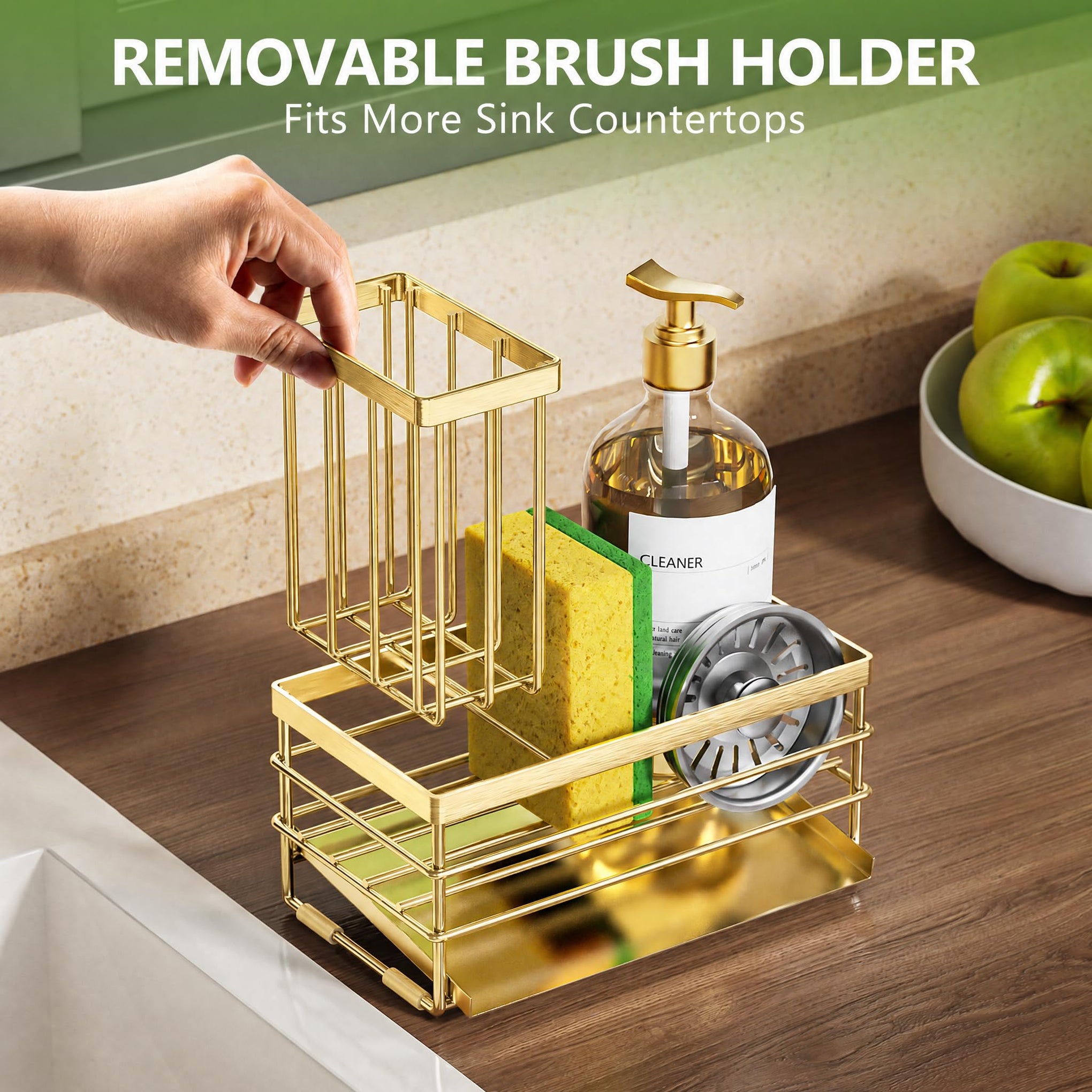 Gold Sink Caddy Sponge Holder for Kitchen with Brush Holder and Stainless Steel Self Drain Tray