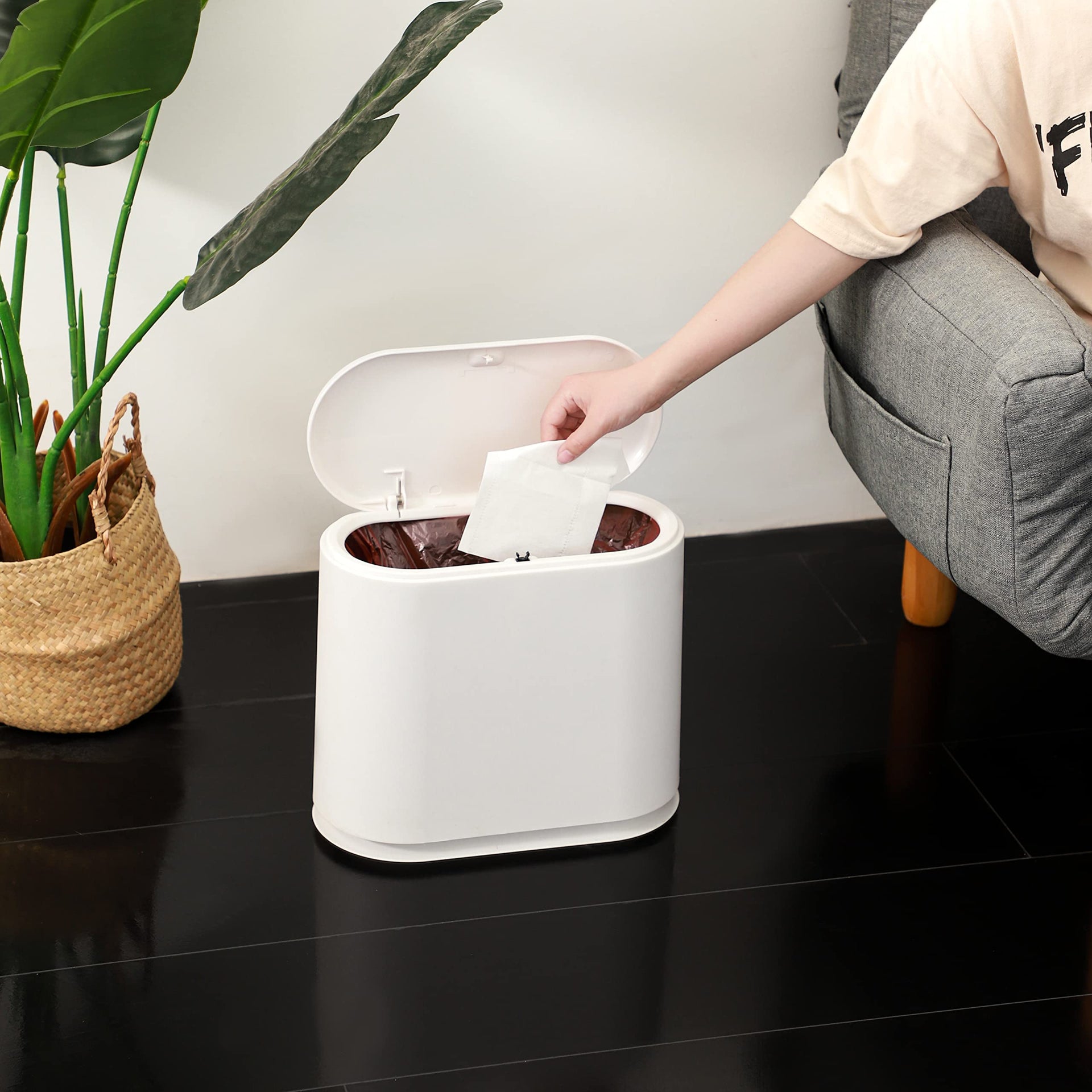 White Slim Bathroom Trash Can with Press Top Lid