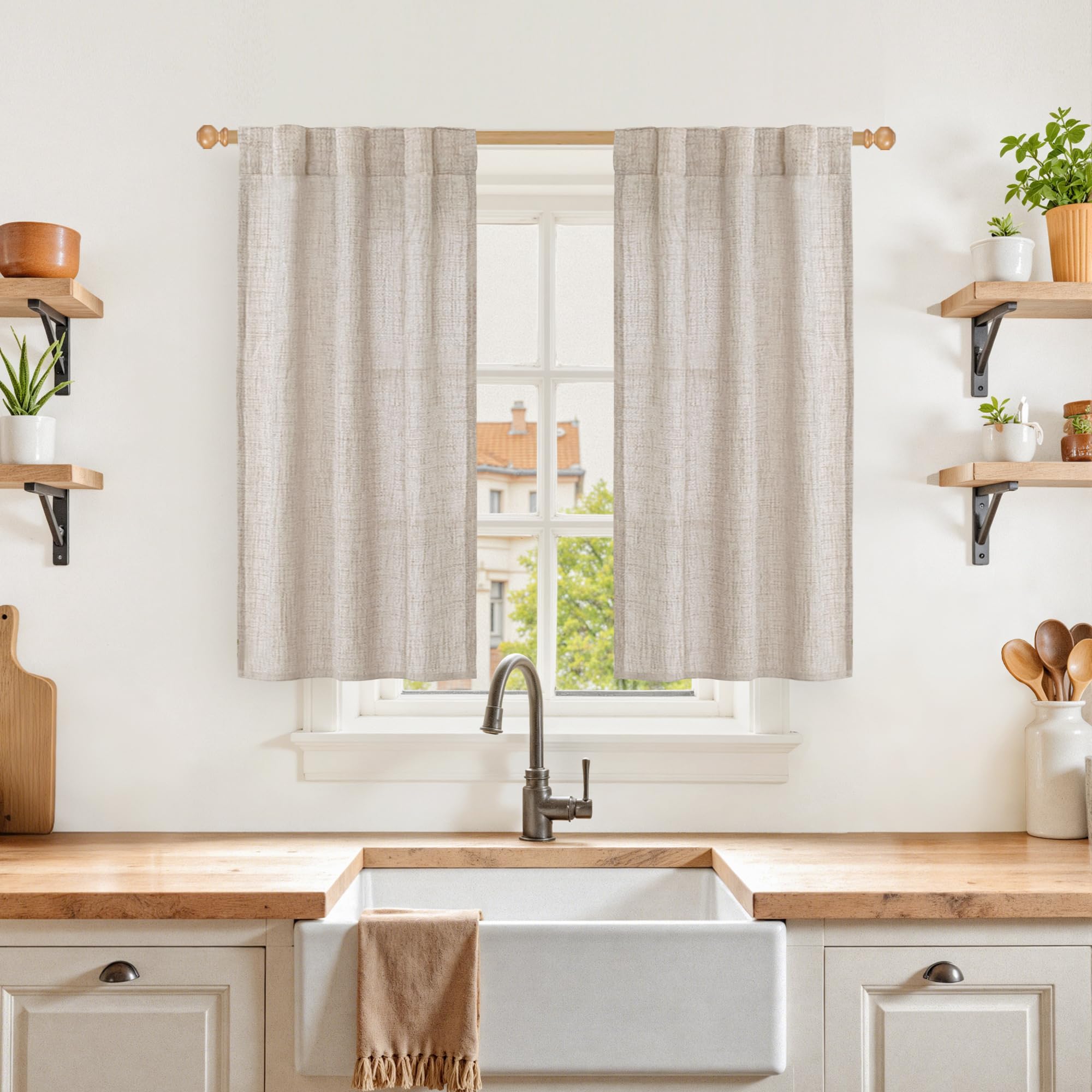 Samll Linen Curtains 40 Inches Long for Kitchen Window Over Sink (2 Count)