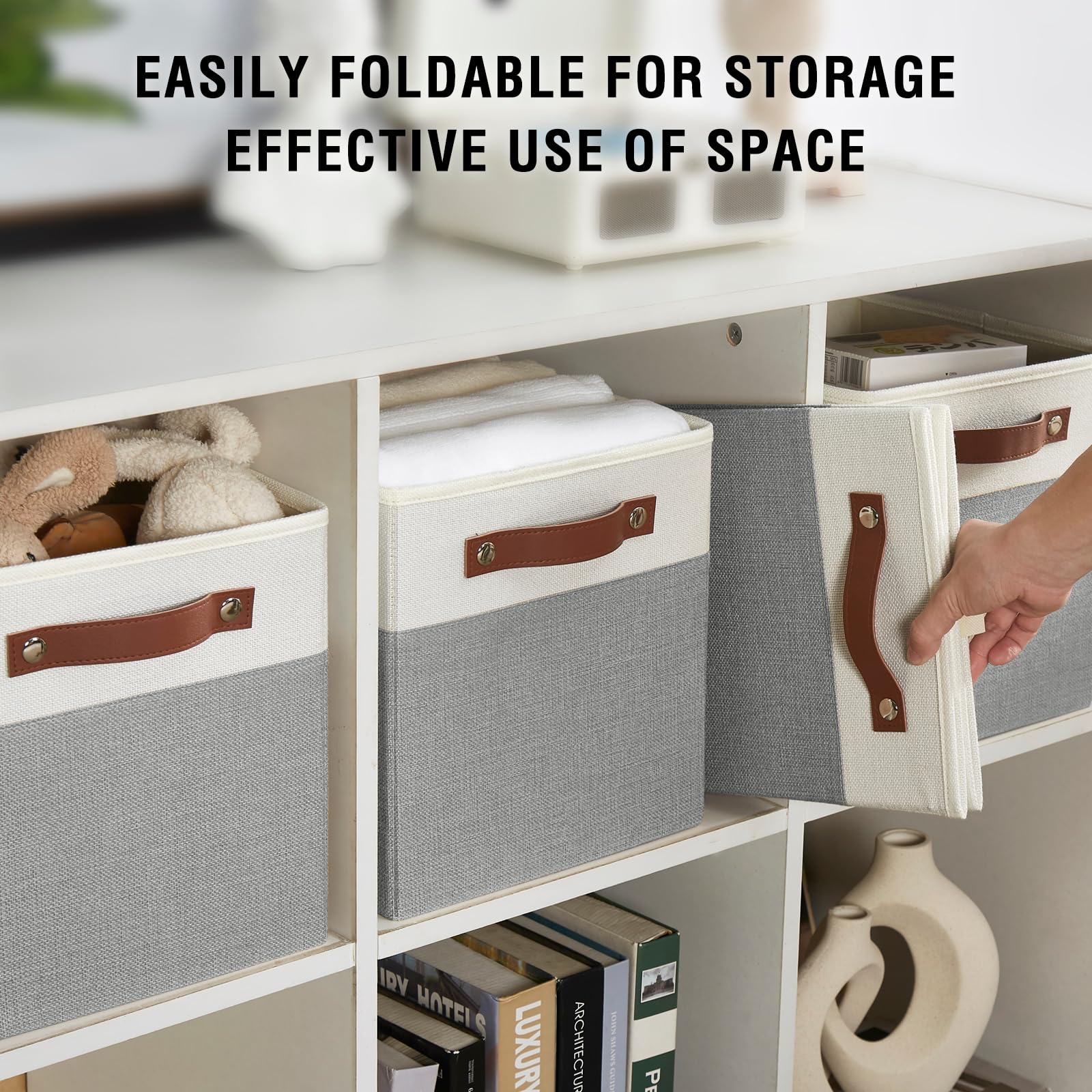 Collapsible Fabric Storage Cube Bins with 2 Reinforced PU Handles (4 Count)