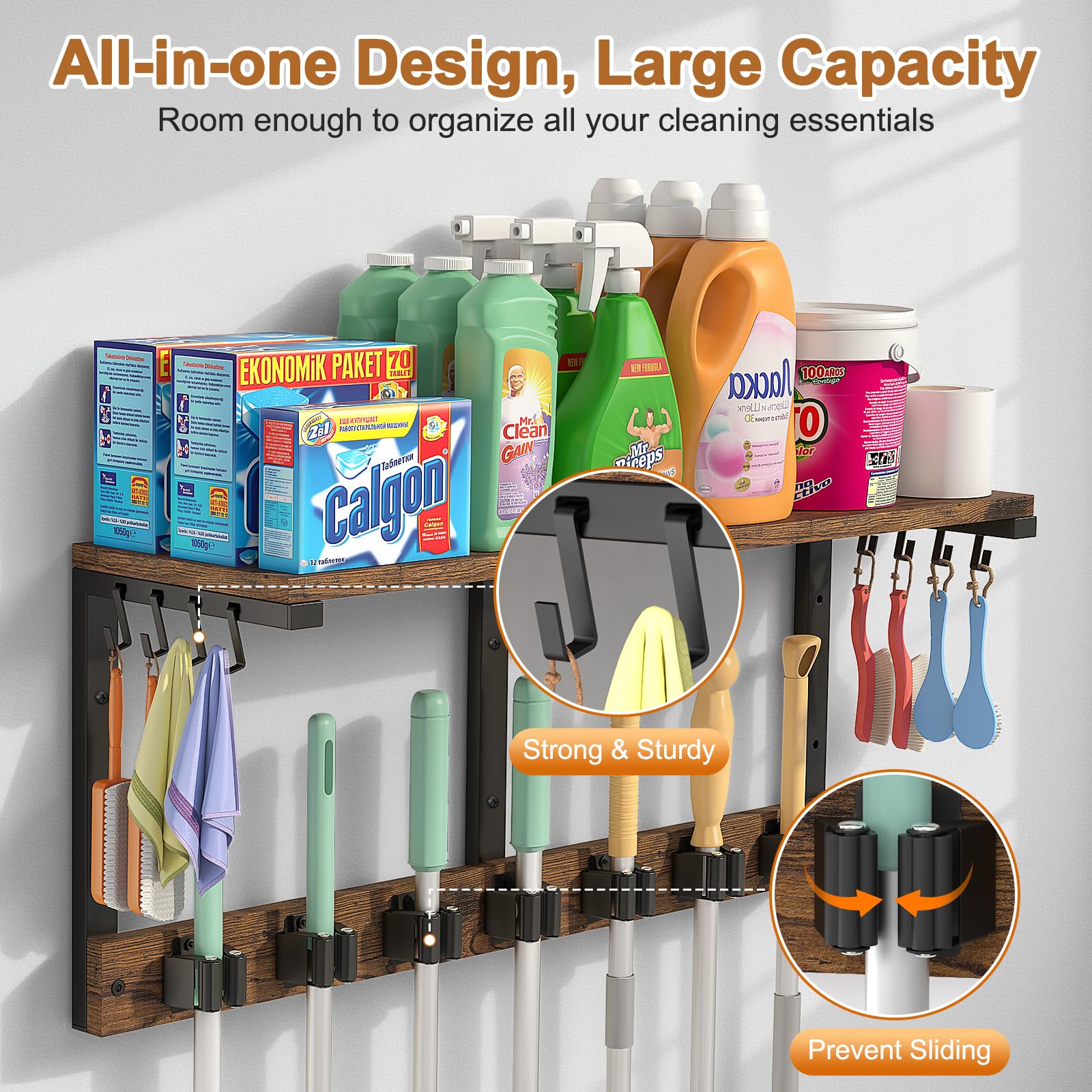 Wall Mount Broom Holder Laundry Room Storage Organizer Shelves