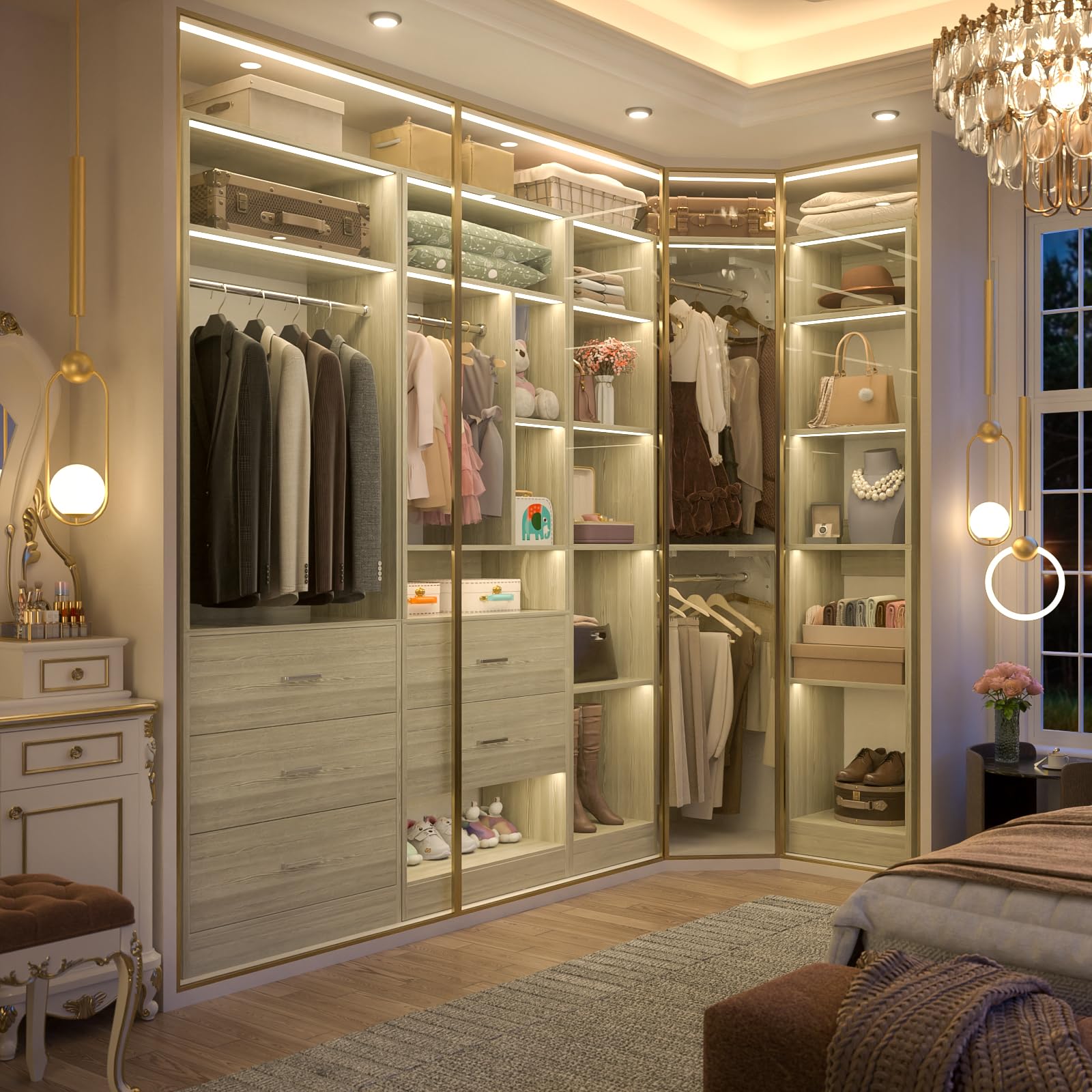Corner Closet System with 5 Drawers