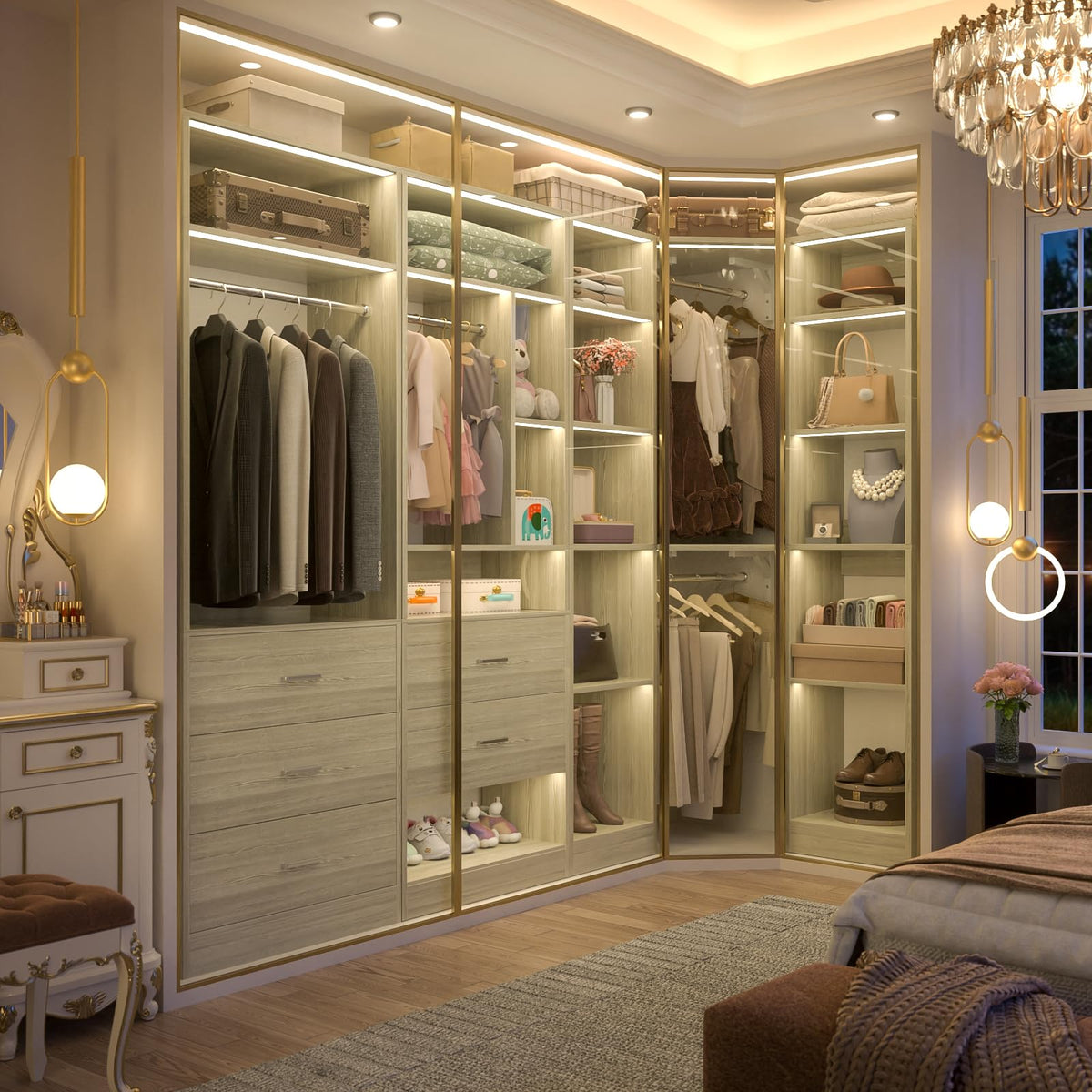 Corner Closet System with 5 Drawers