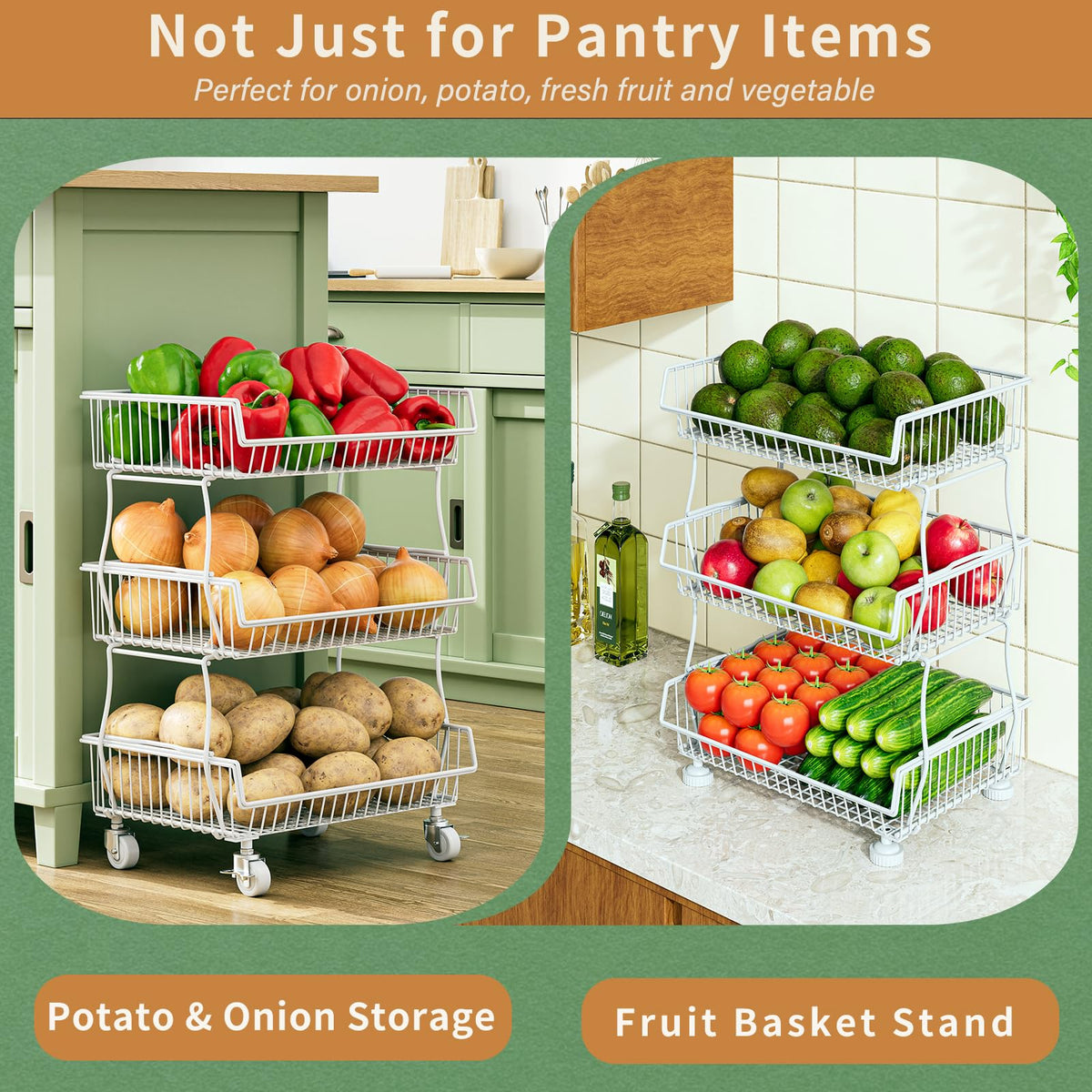 Pantry Organizers and Storage Cart with Upgraded Metal Hub Casters
