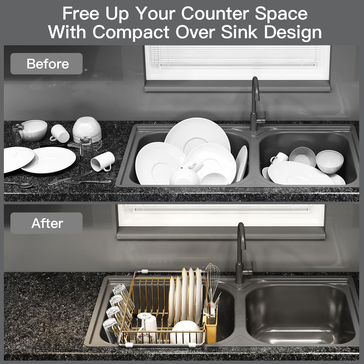 Gold Dish Drying Rack Over The Sink with Utensil Holder