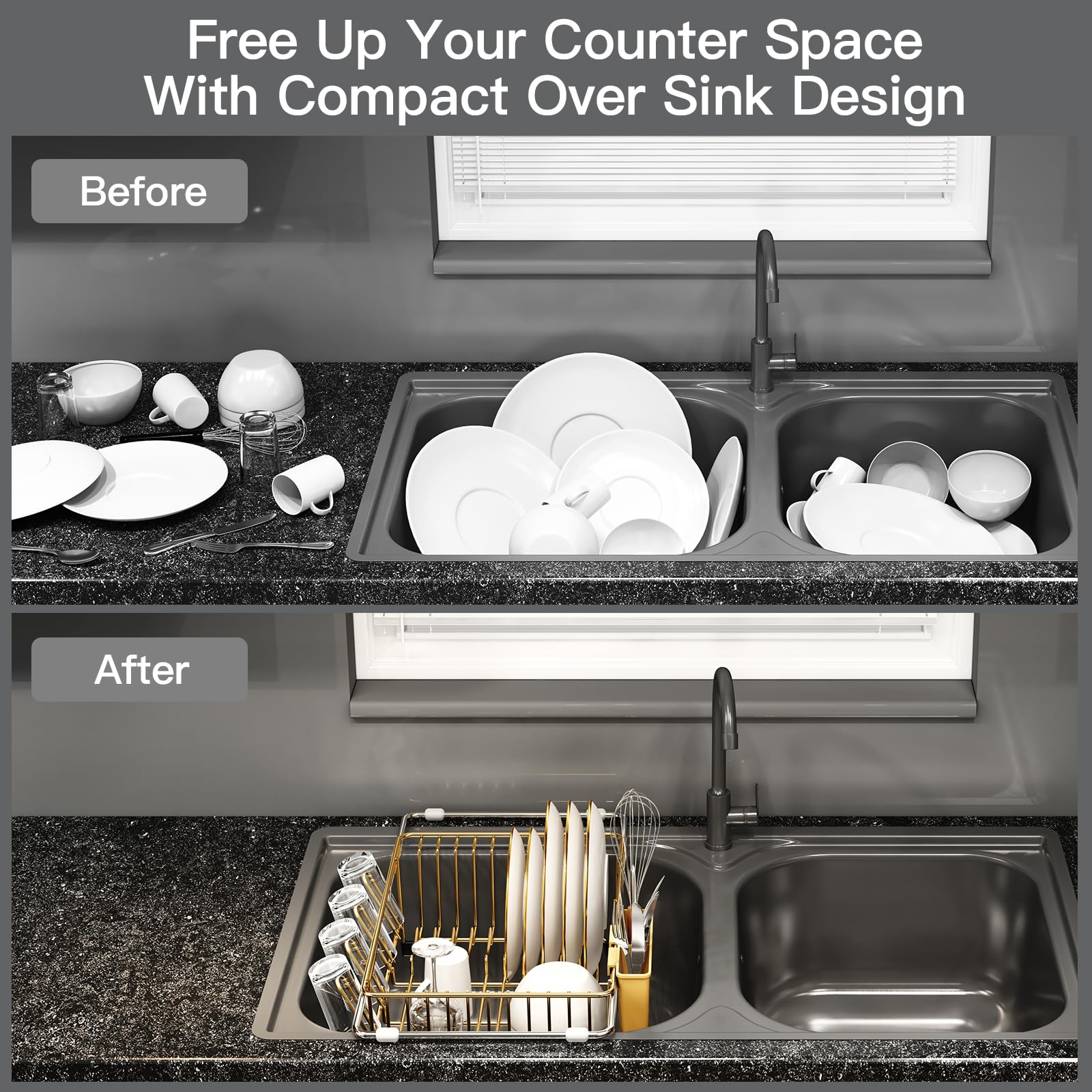 Gold Dish Drying Rack Over Sink with Utensil Holder