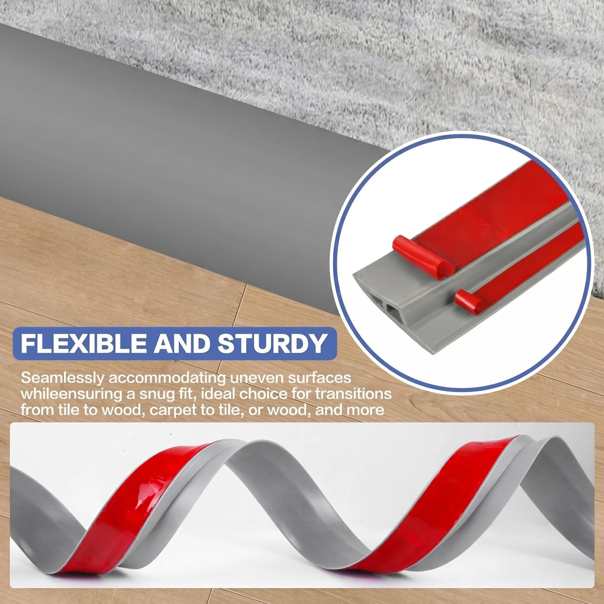 Floor Transition Strip Vinyl Door Threshold Ramp Self Adhesive Carpet Edging Strip Doorway Edge Trim (6.6 Foot)