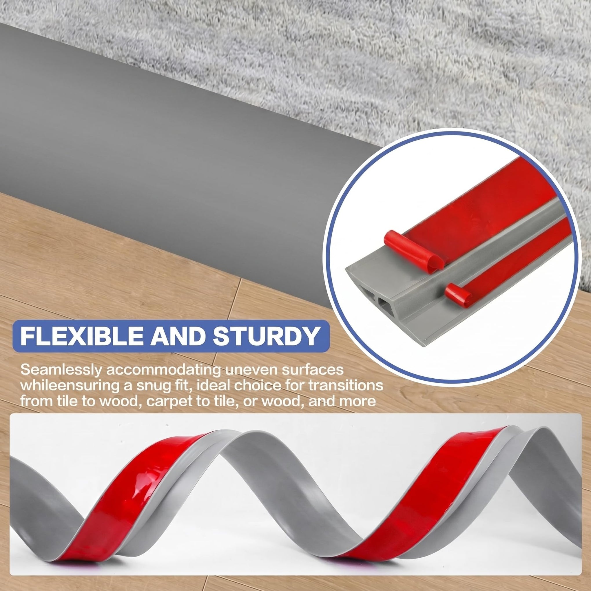 Floor Transition Strip Vinyl Door Threshold Ramp Self Adhesive Carpet Edging Strip Doorway Edge Trim (3.3 Foot)