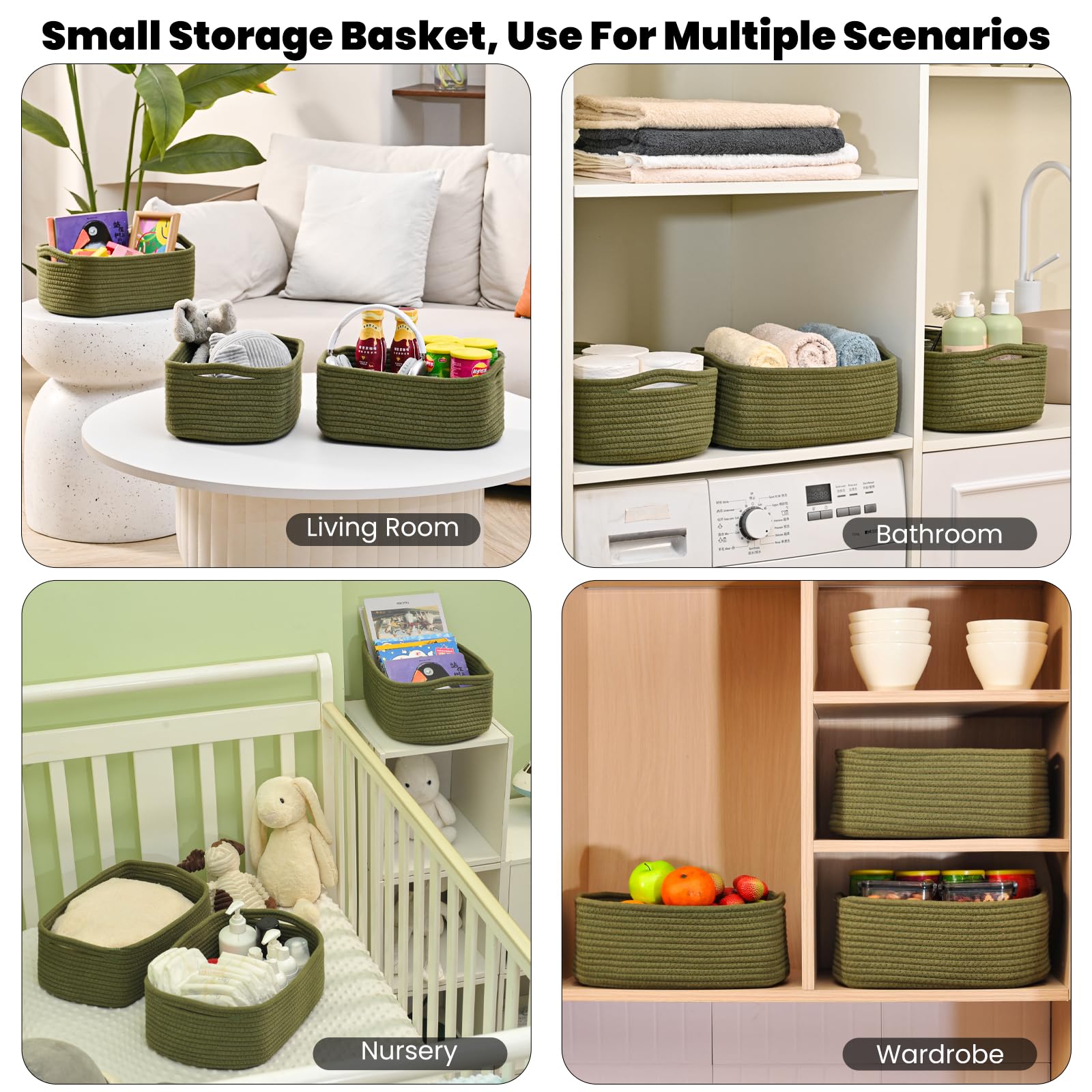Small Green Storage Baskets for Organizing Shelves (3 Count)