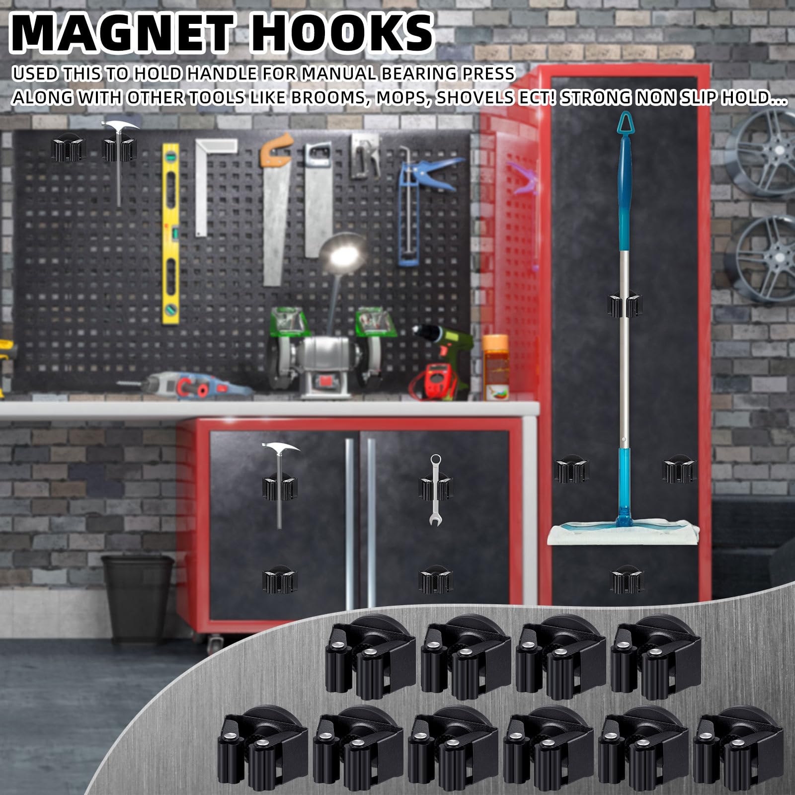 10 Pcs Magnetic Broom Holder Wall Mounted Anti Slip Rack