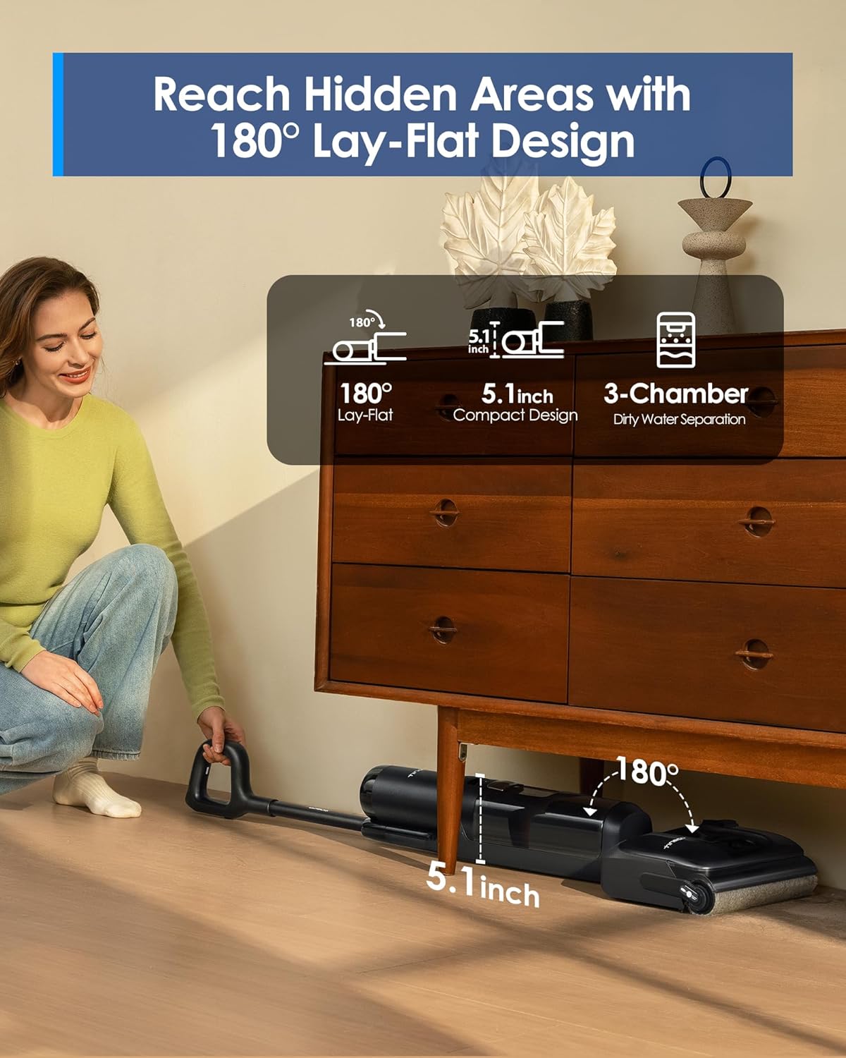 Tineco Floor ONE S7 Stretch Ultra Cordless Wet Dry Vacuum Cleaner, 180°Lay-Flat Anti-Tangle Design, 50 Minutes Runtime, 185℉ Flashdry Self-Cleaning, Dual-Sided Edge Cleaning Floor Cleaner - ModHome Supplies