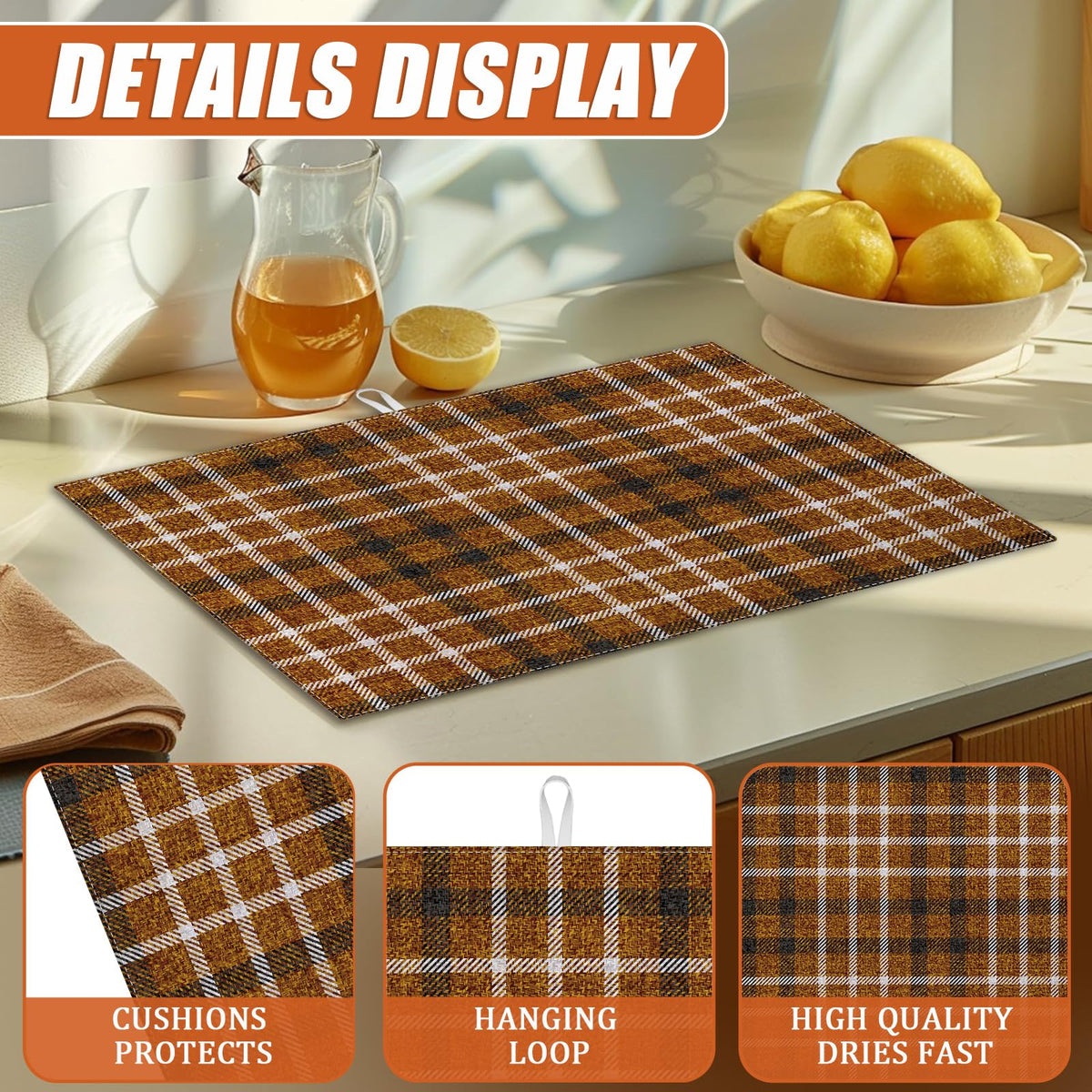 Brown Plaid Dish Drying Mat for Kitchen Counter Microfiber Absorbent Dish Kitchen Drying Mat Draining Reusable Washable for Dishes