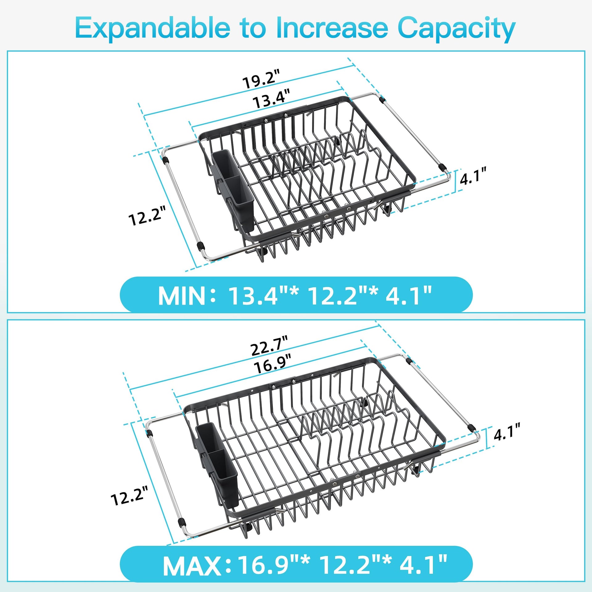 Gray Dish Drying Rack Over the Sink with Utensil Holder