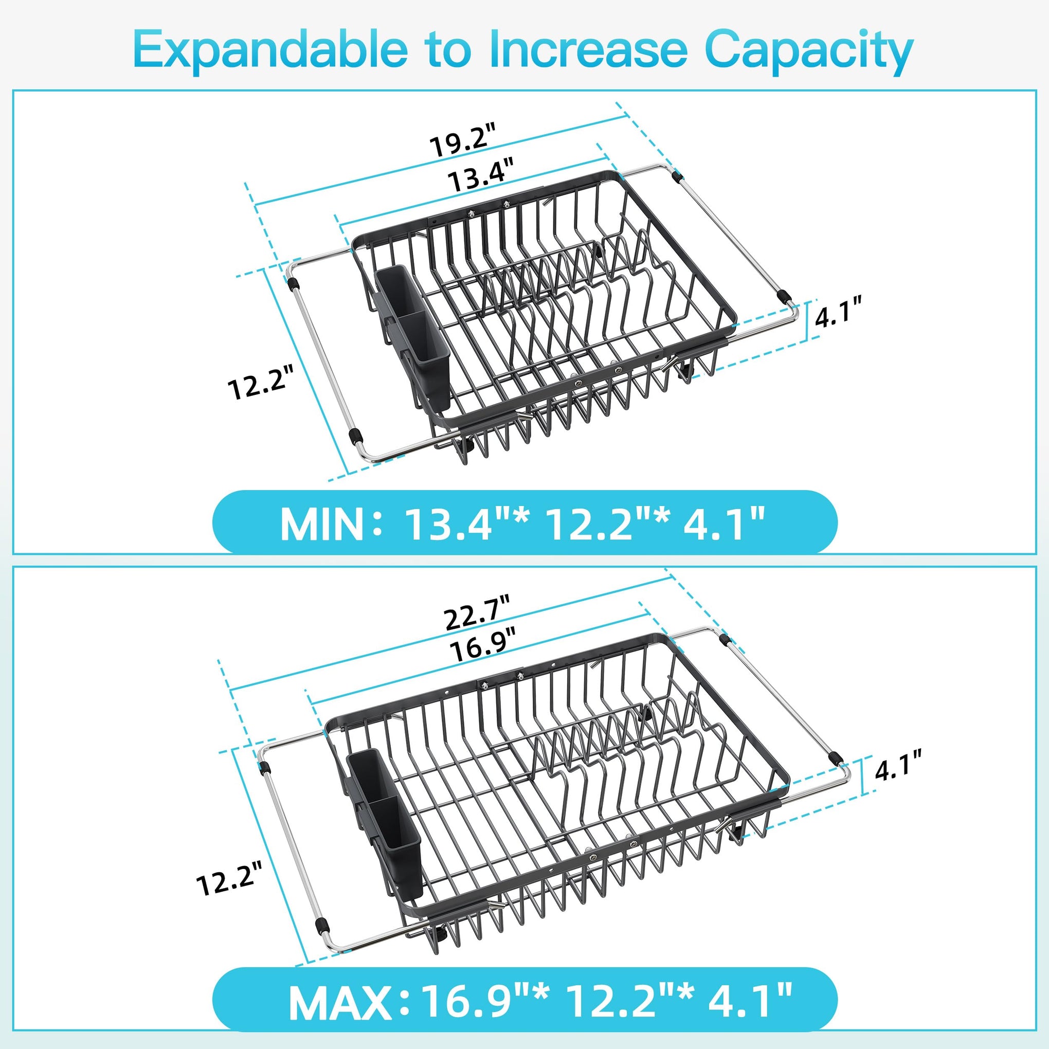 Gray Dish Drying Rack Over the Sink with Utensil Holder