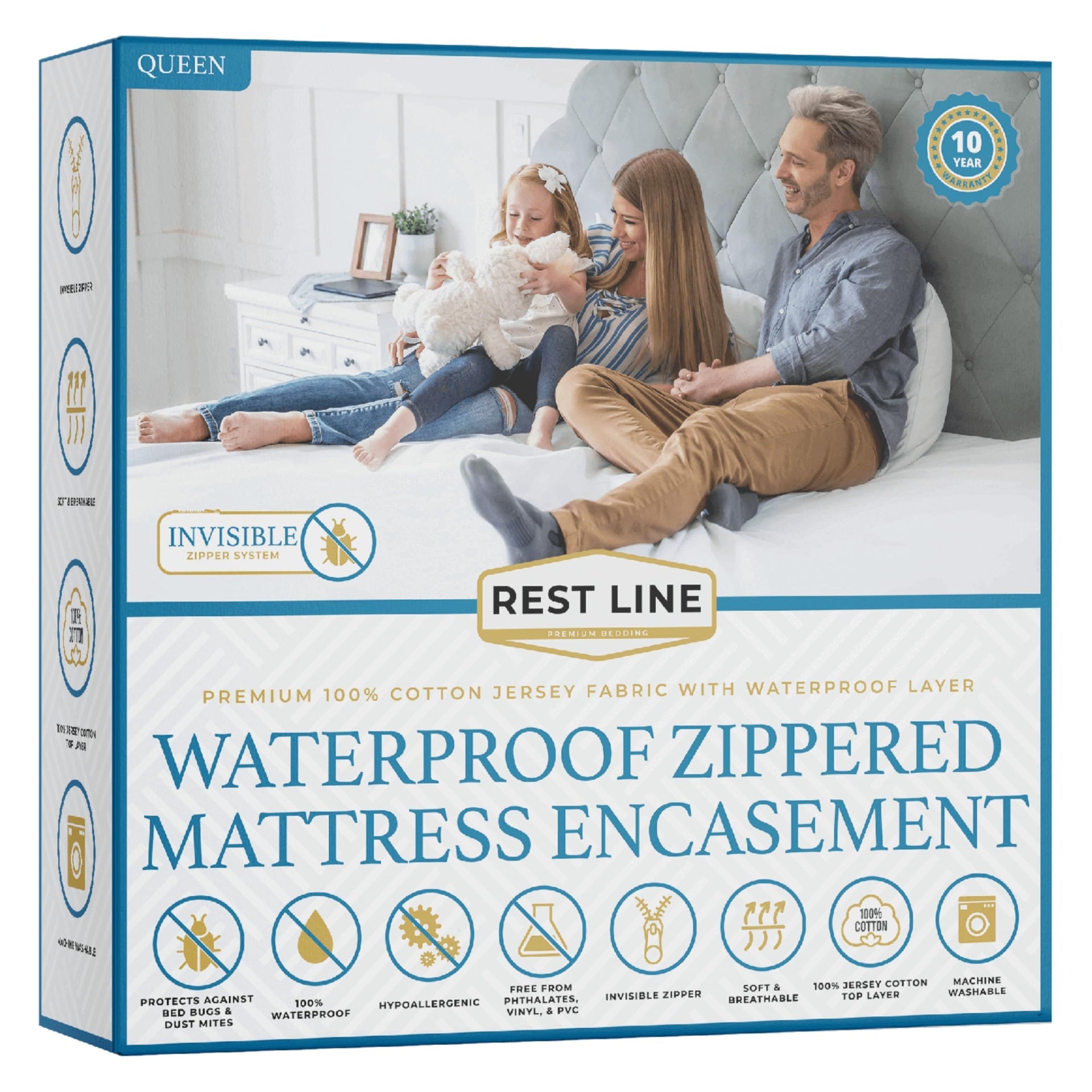 Rest Line 100% Cotton Waterproof Zippered Mattress Encasement