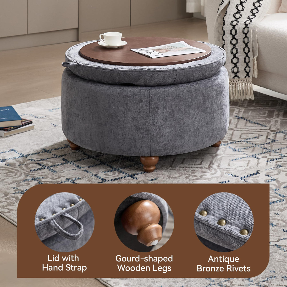 30Inch Round Storage Ottoman with Tray