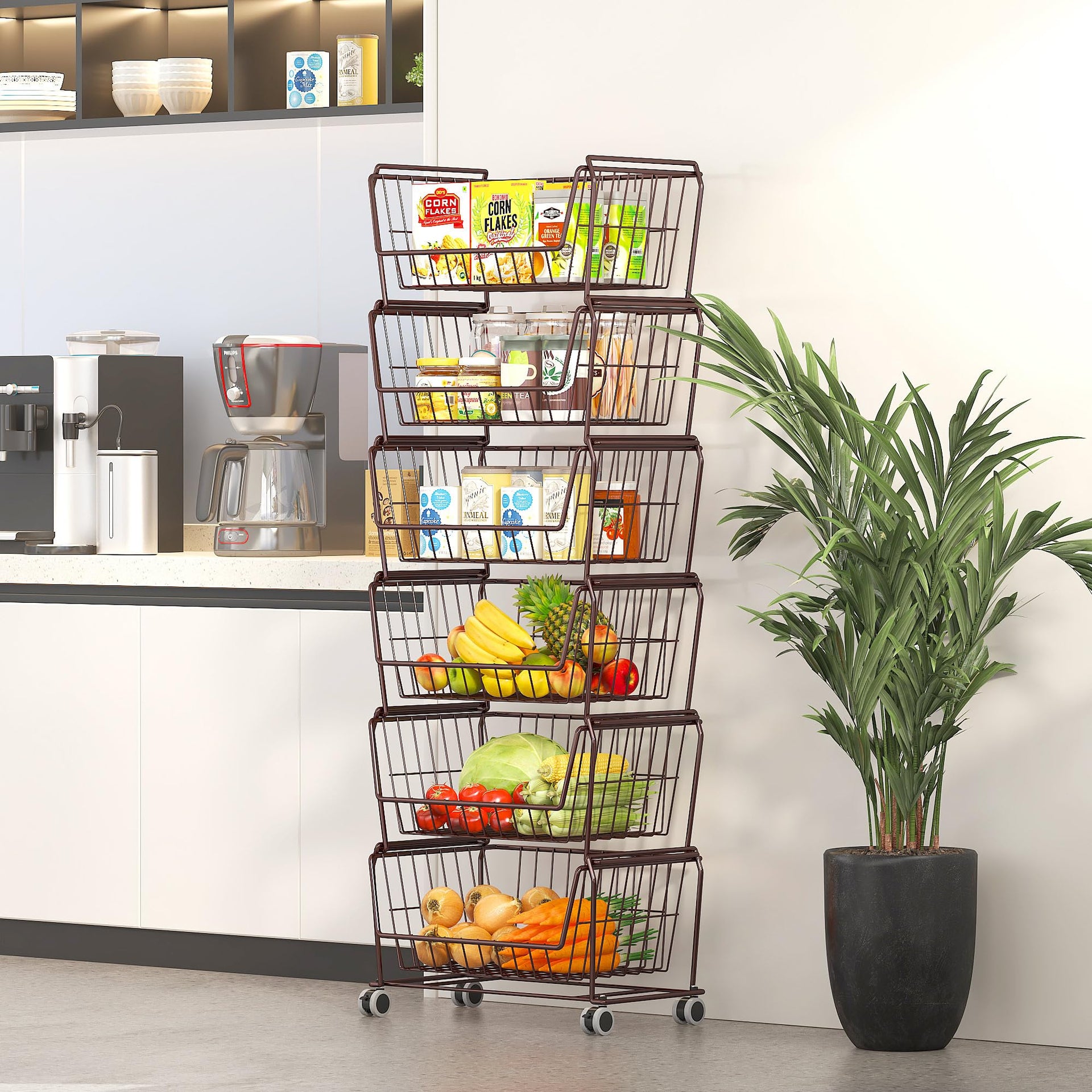 4 Tier Spacious Stackable Wire Storage Baskets with Wheels (4 Count)