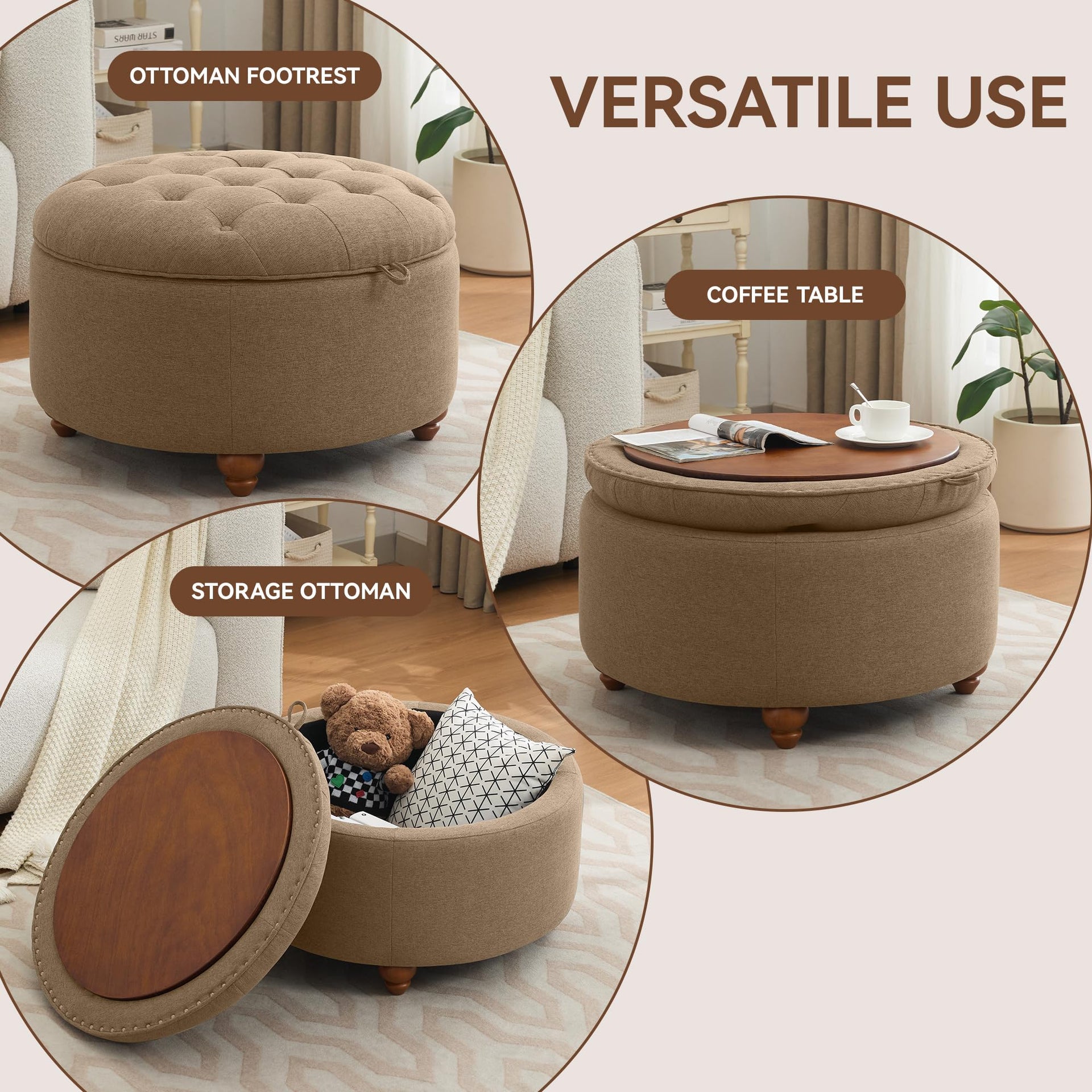 30Inch Round Storage Ottoman with Tray