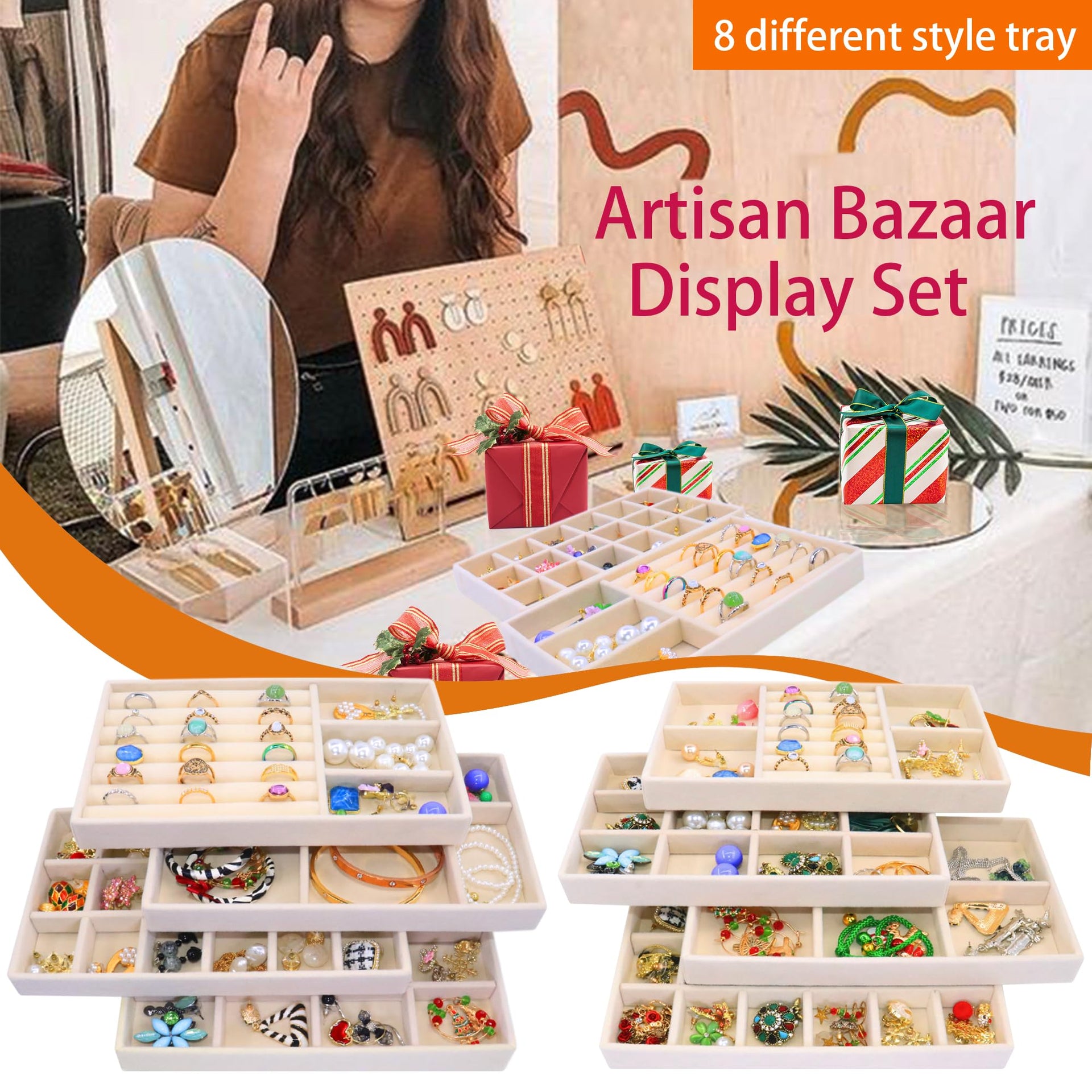Jewelry Organizer Drawer 8 Set Jewelry Boxes Velvet Jewelry Drawer Organizer Stackable Jewelry Tray for Earring Necklace Display (8 Count)