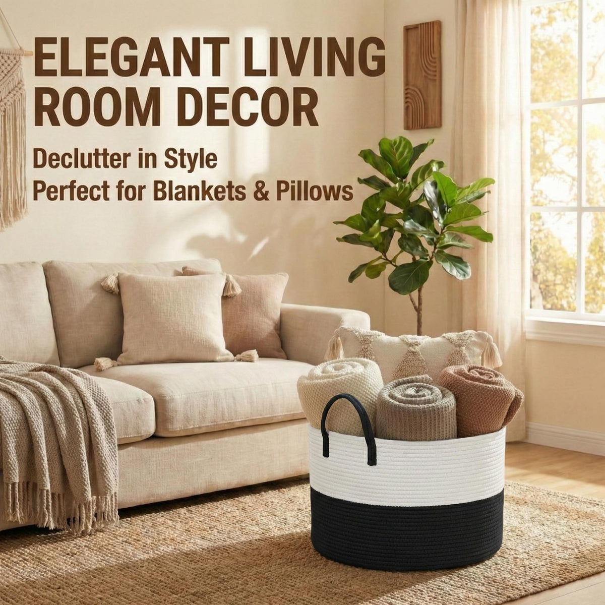 65L Extra Large Machine Washable Cotton Rope Blanket Basket
