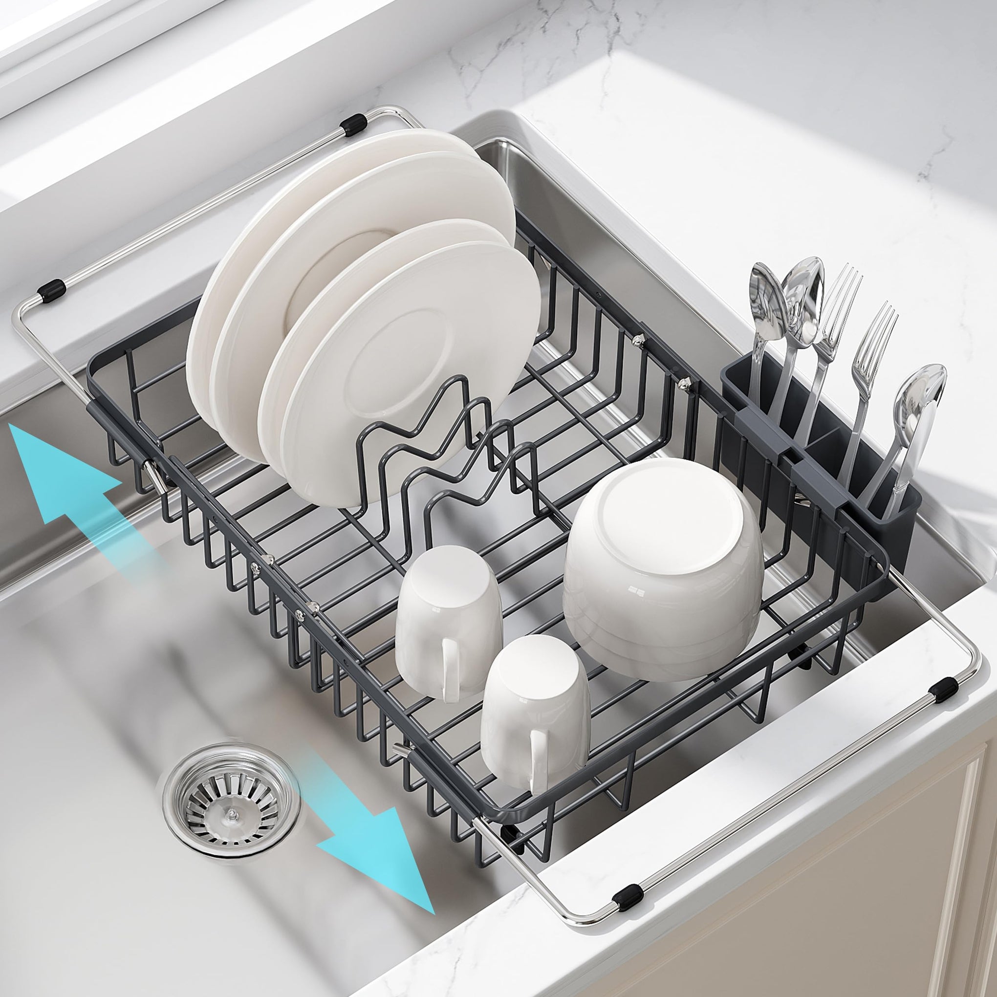 Gray Dish Drying Rack Over the Sink with Utensil Holder