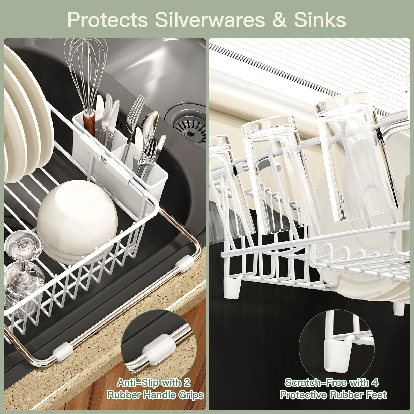 White Dish Drying Rack Over The Sink with Utensil Holder