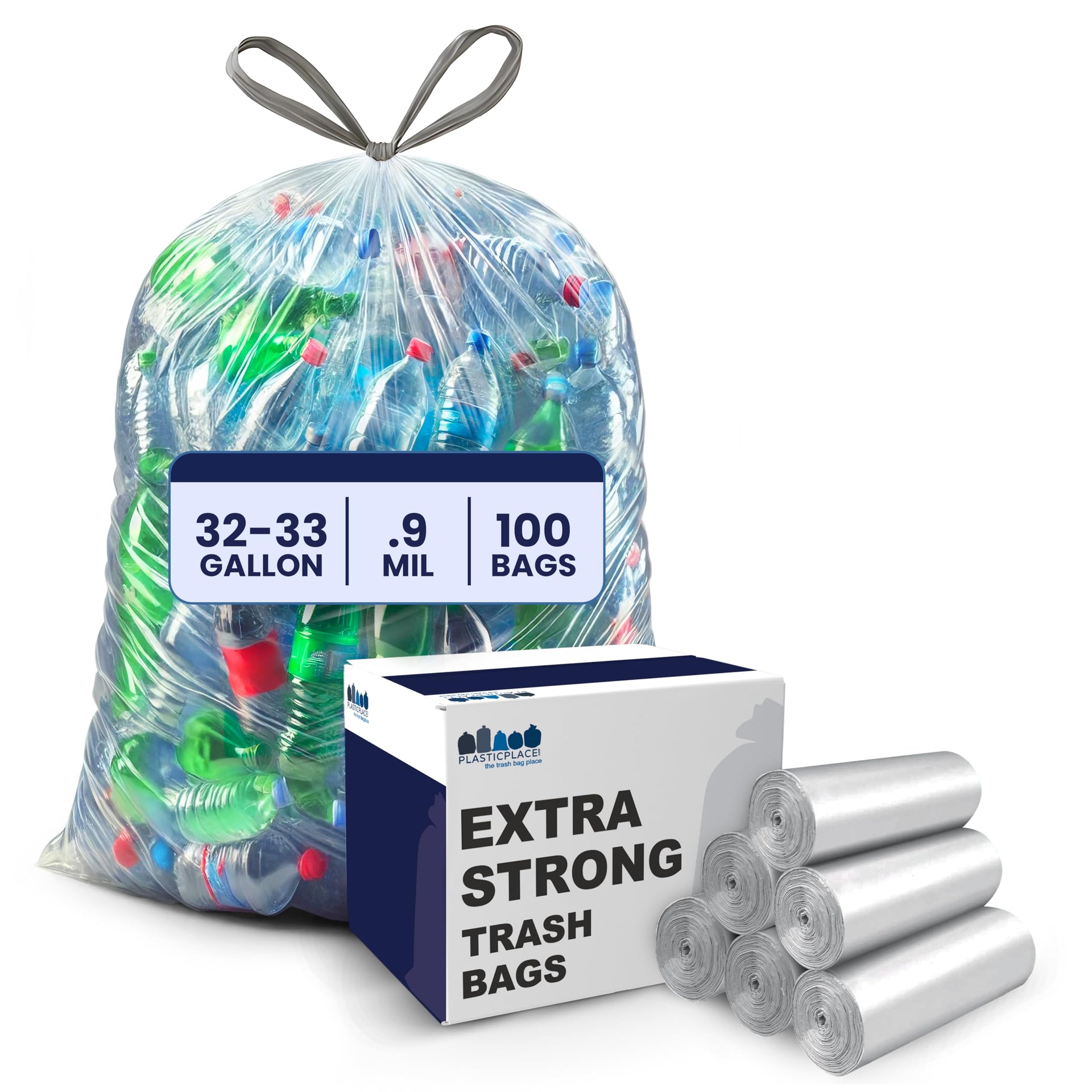 32 33 Gallon Recycling Bags │ 0.9 Mil │ Clear Drawstring Garbage Can Liners │ 33" x 38" (100 Count)