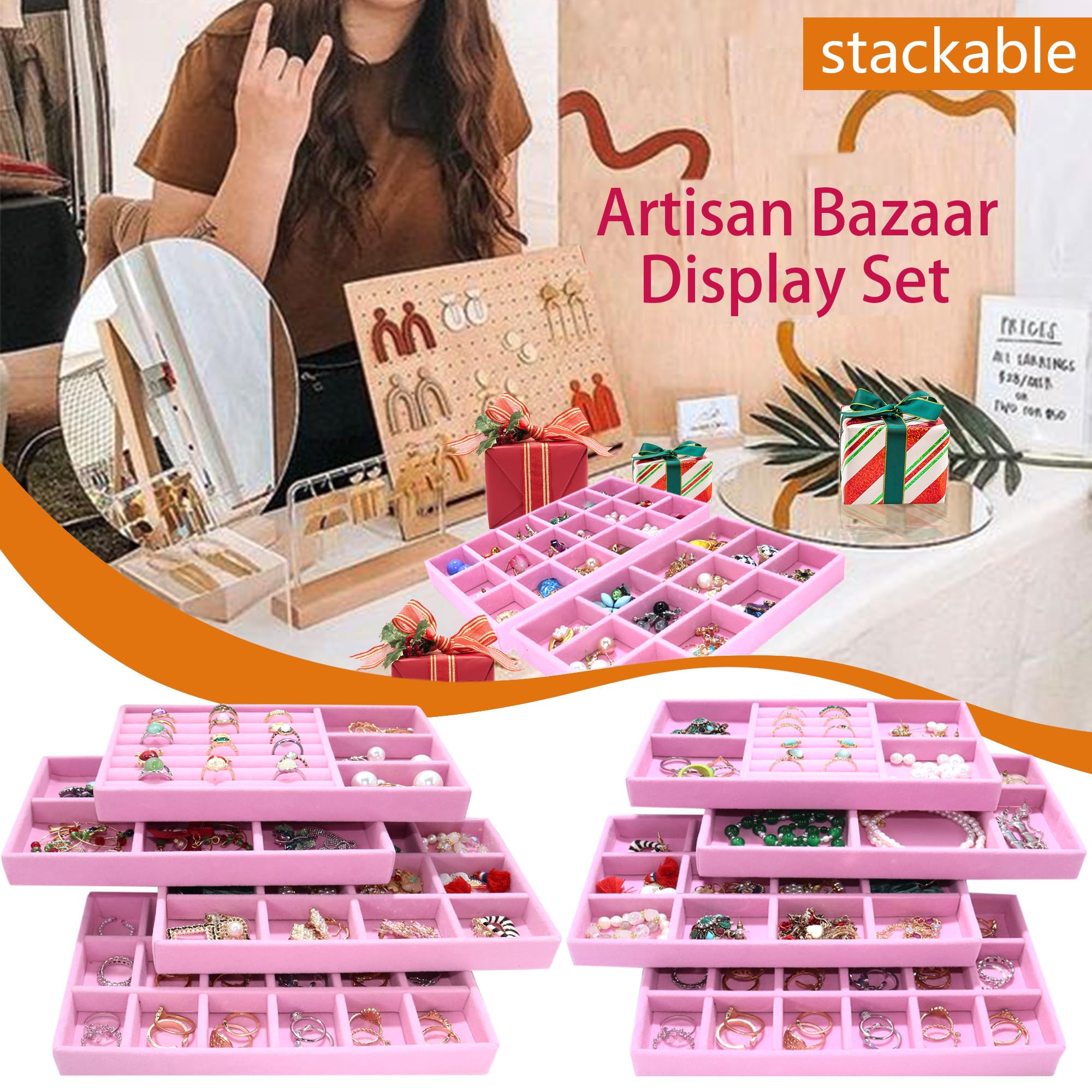 8 Pack Stackable Jewelry Trays Organizer Velvet Earring Organizer Jewelry Tray for Drawers Earring Holder Necklace Bracelet Ring Organizers (8 Count)