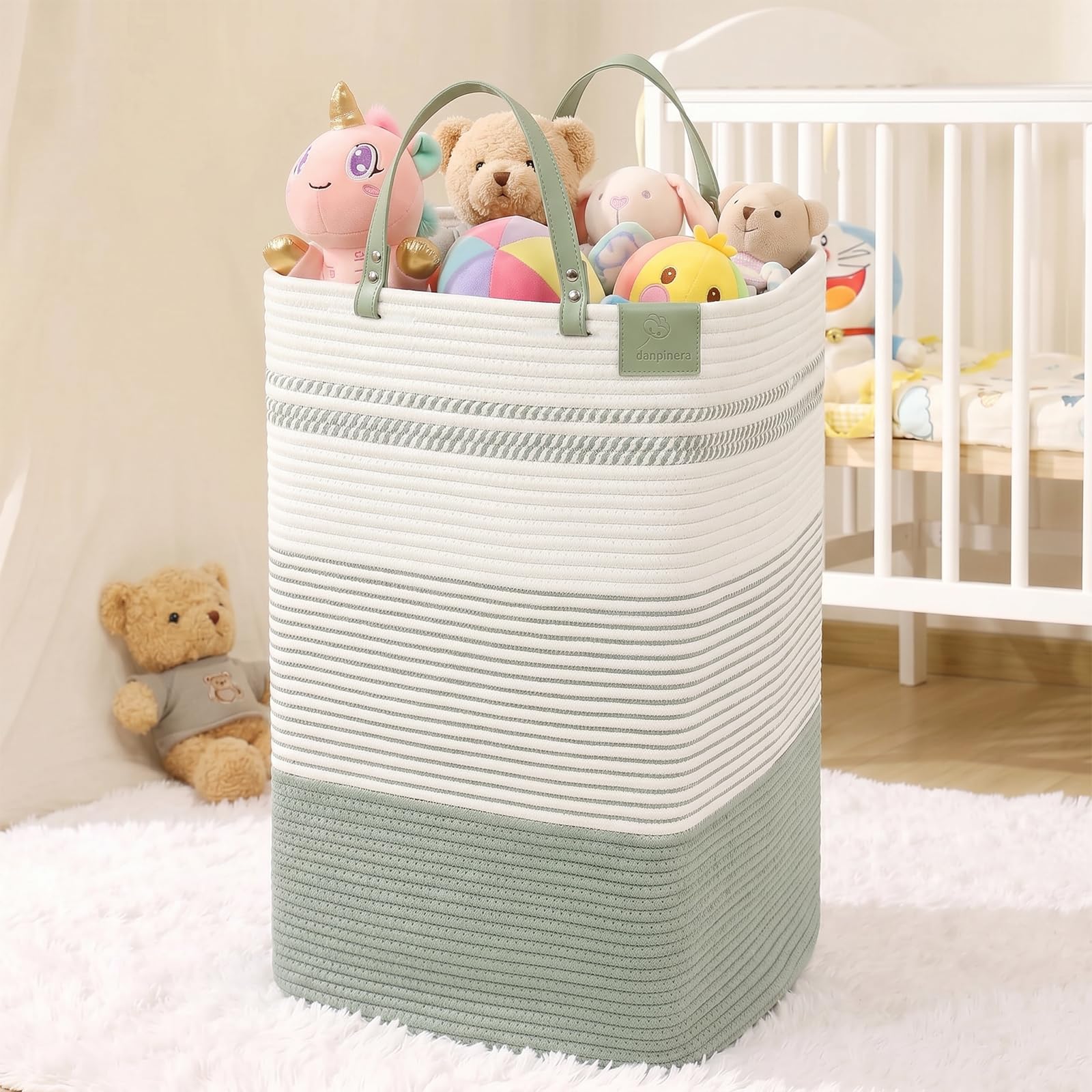 75L Woven Laundry Hamper with Long Leather Handles