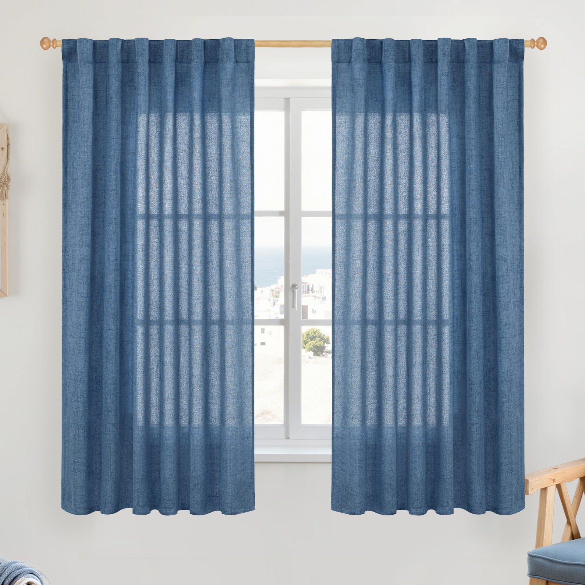 Navy Blue Linen Curtains 63 Inch Length for Living Room Window (2 Count)