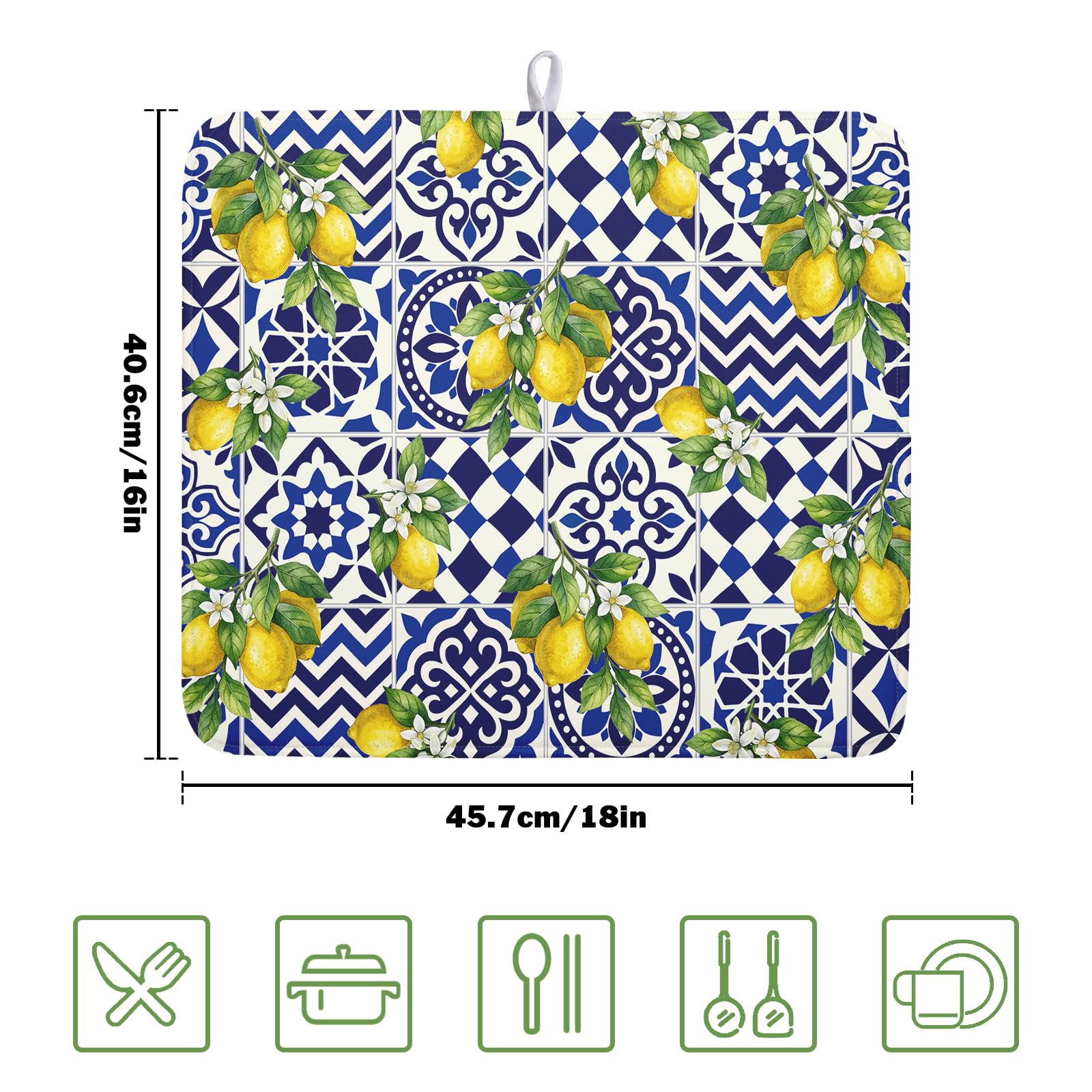 Lemon and Blue Tile Dish Drying Mat 16x18 Inch Absorbent Reversible Mexican Tilt Drying Mat Blue White Italy Lemons Dish Drying Rack Mat Summer Themed Dish Drainer Mat for Kitchen Counter Coffee Bar