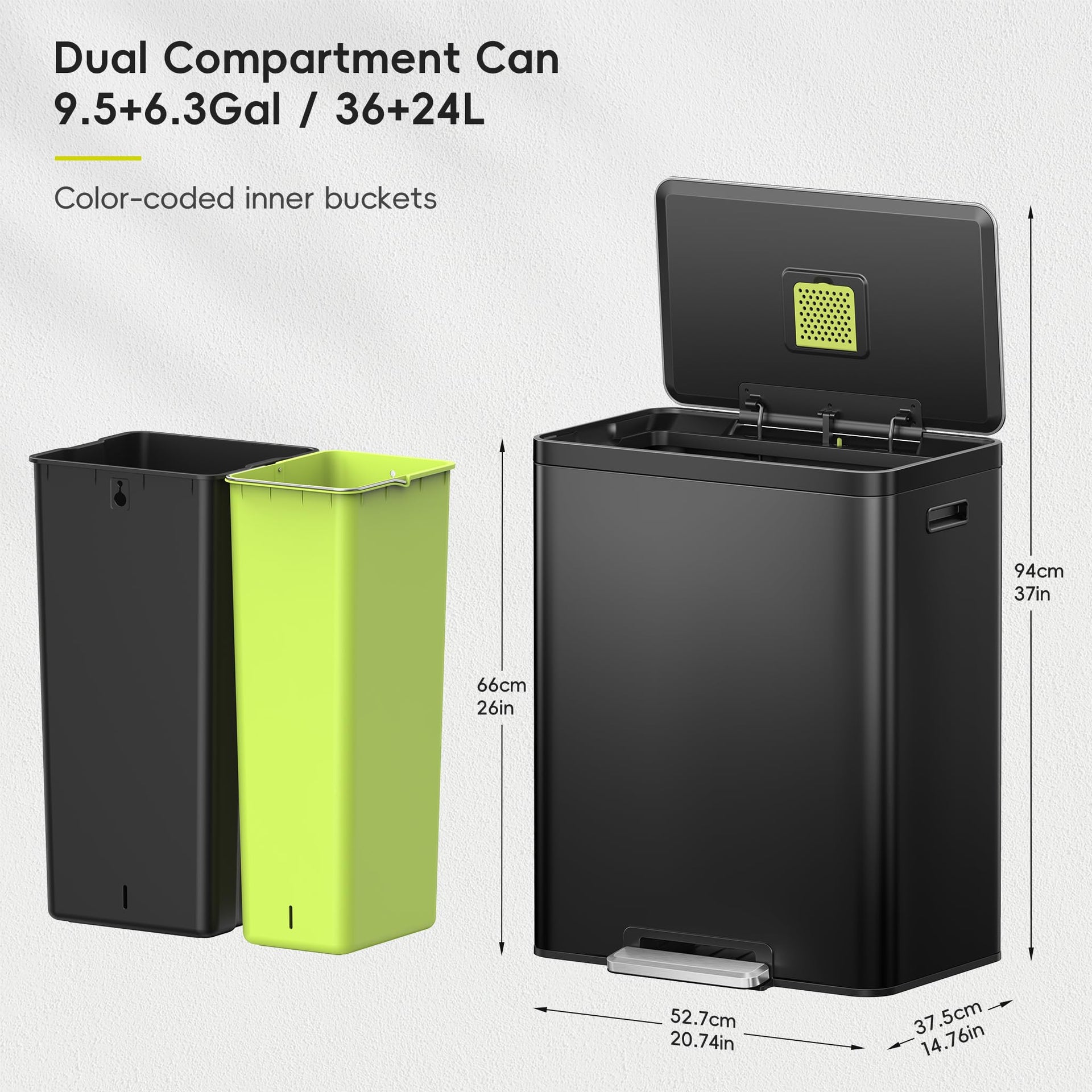 EcoCasa II 36L+24L Dual Trash Can with Recycle Bin