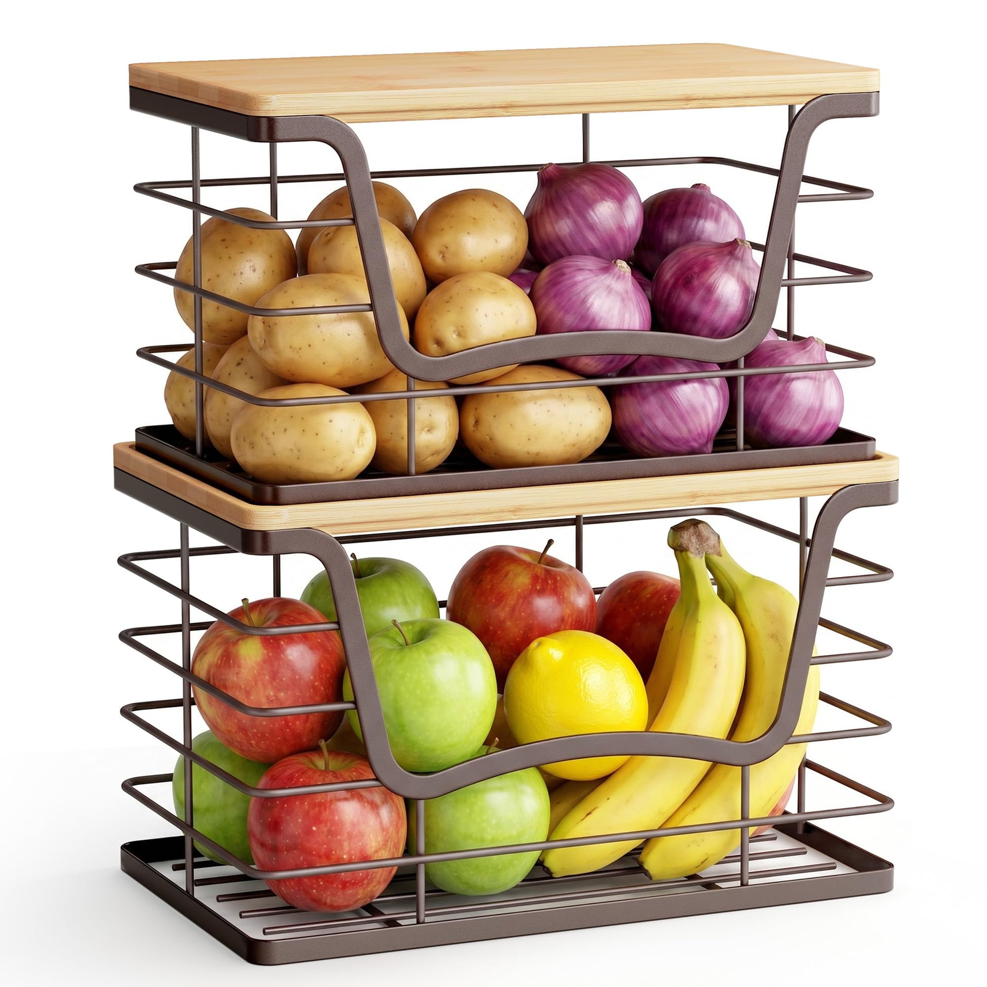 2 Pack Stackable Wire Storage Basket with Bamboo Lid (2 Count)